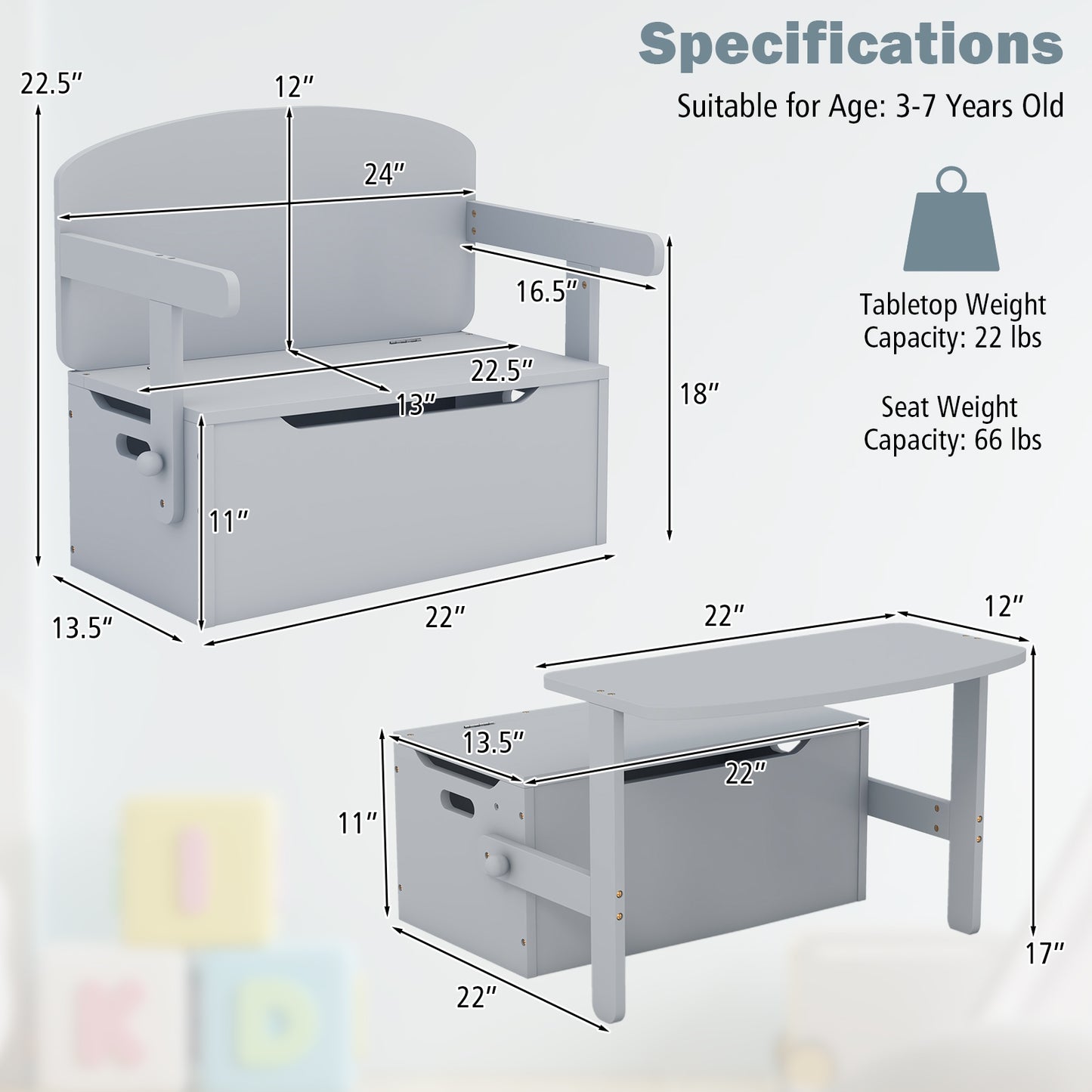 3-in-1 Kids Convertible Storage Bench Wood Activity Table and Chair Set-Gray Kids Crystal