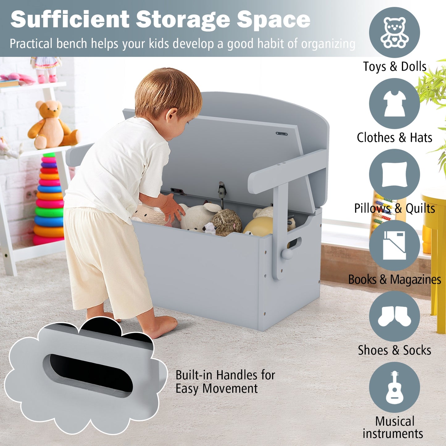3-in-1 Kids Convertible Storage Bench Wood Activity Table and Chair Set-Gray Kids Crystal