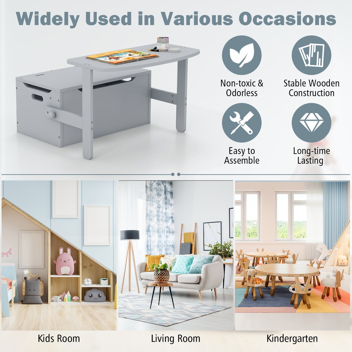 3-in-1 Kids Convertible Storage Bench Wood Activity Table and Chair Set-Gray Kids Crystal
