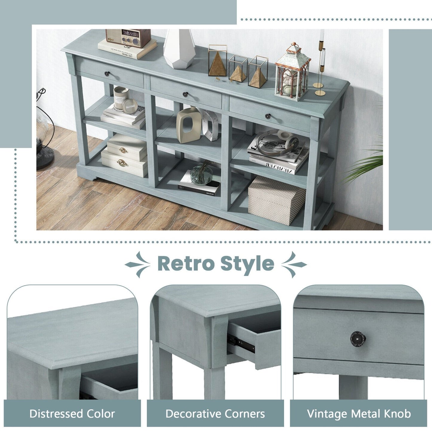 58 Inch Retro Console Table with 3 Drawers and Open Shelves Rectangular Entryway Table-Blue Kids Crystal