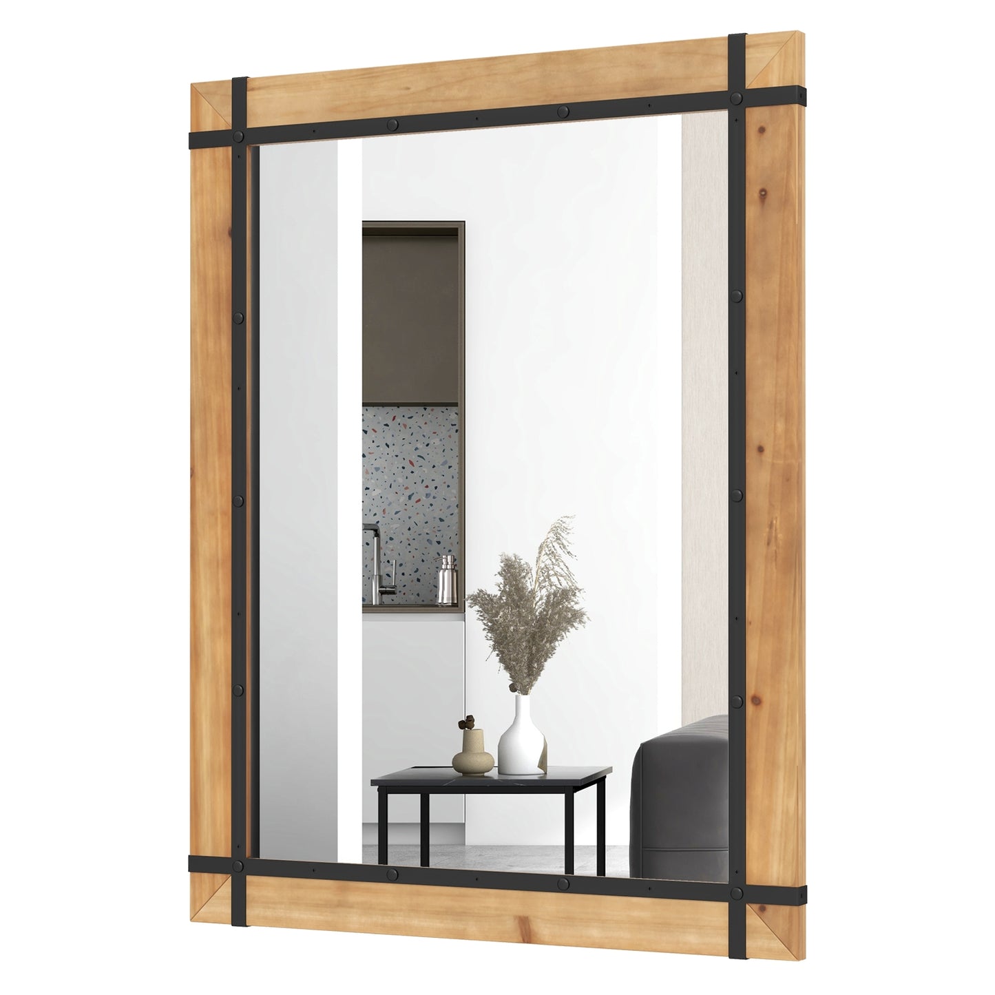 30 x 40 Inch Wall Mounted Mirror with Fir Wood Frame-Natural Kids Crystal