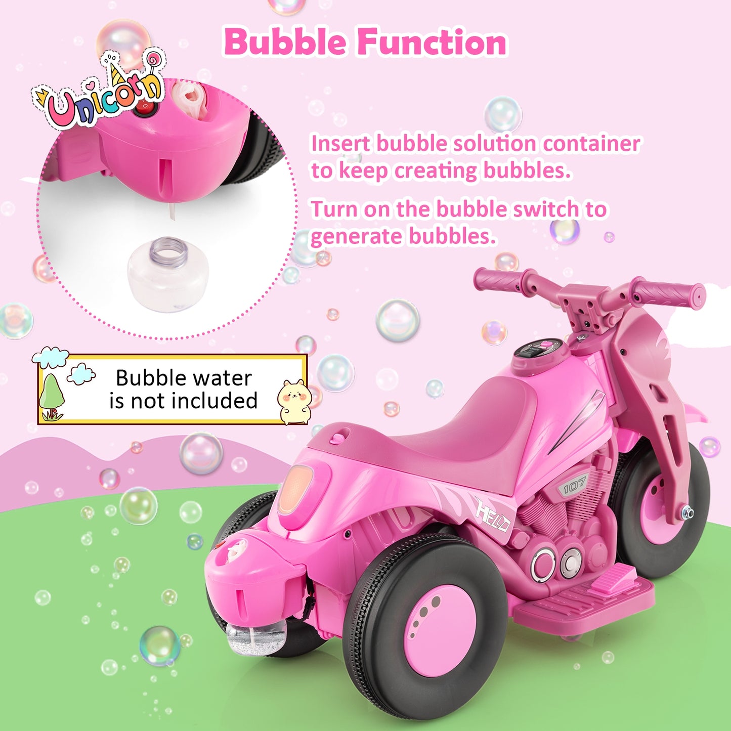 6V Kids Electric Ride on Motorcycle with Bubble Maker and Music-Pink Kids Crystal