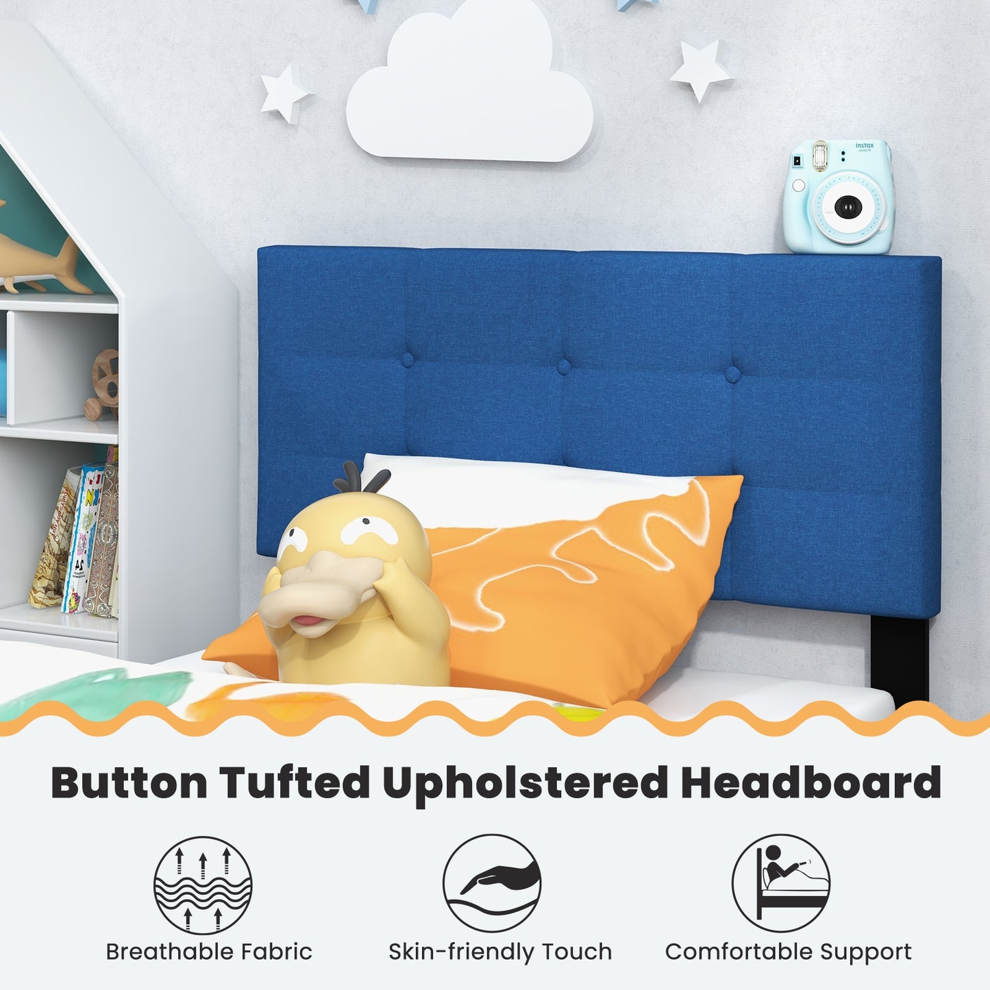 Twin Size Upholstered Platform Bed with Button Tufted Headboard-Blue Kids Crystal