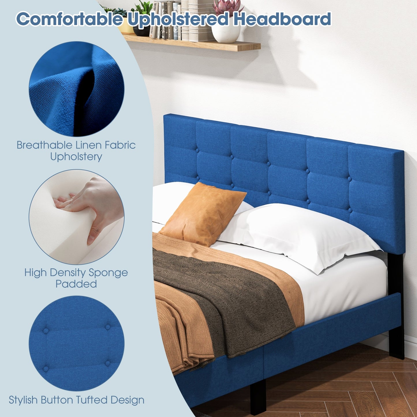 Queen Size Upholstered Platform Bed with Button Tufted Headboard-Blue Kids Crystal