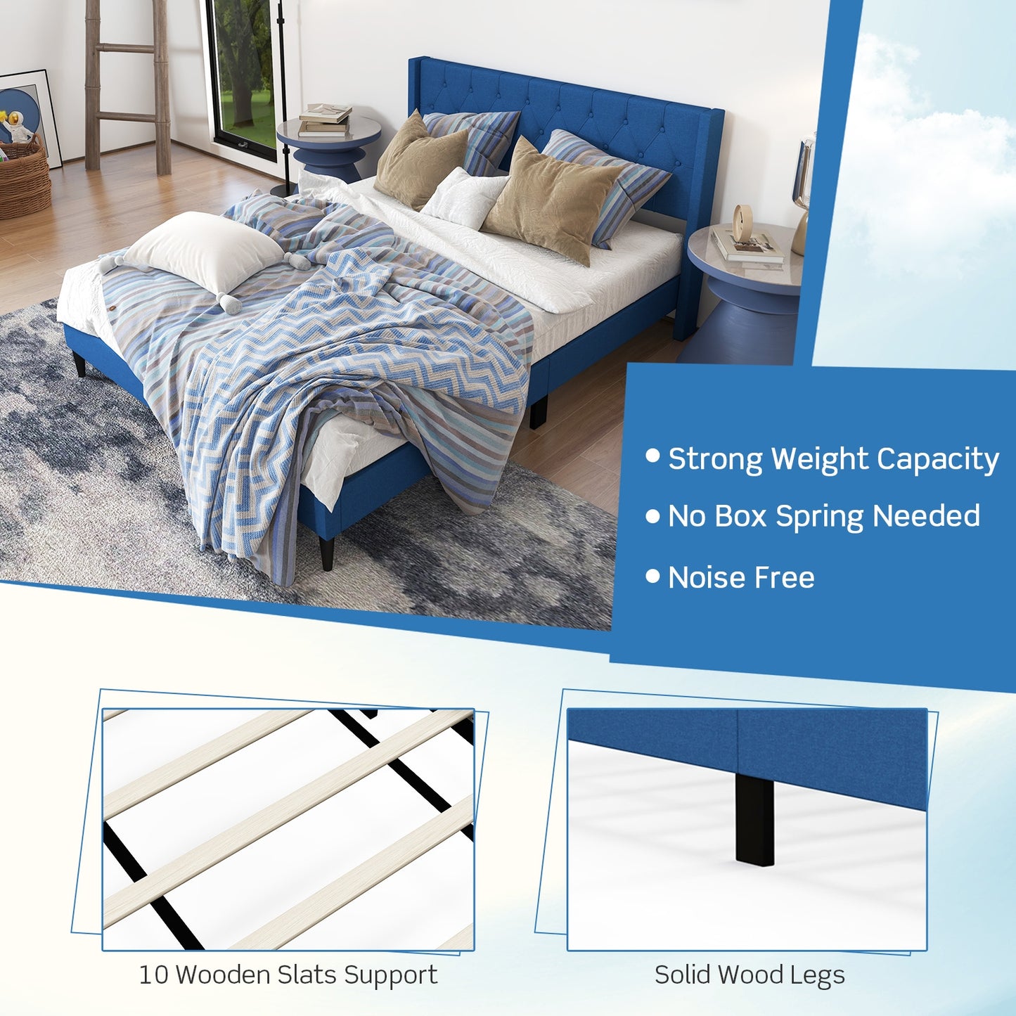 Queen Size Upholstered Platform Bed with Button Tufted Wingback Headboard-Blue Kids Crystal