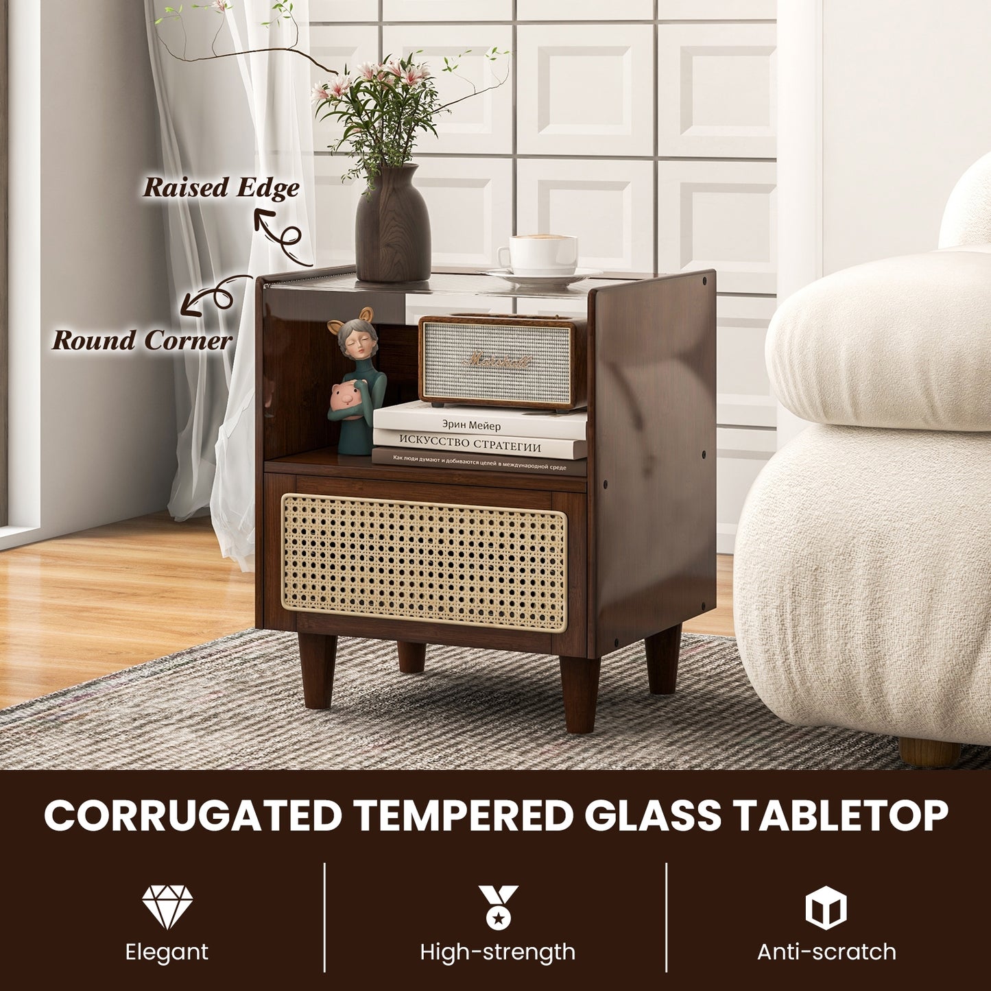 Bamboo Rattan Nightstand with Drawer and Solid Wood Legs-Brown Kids Crystal