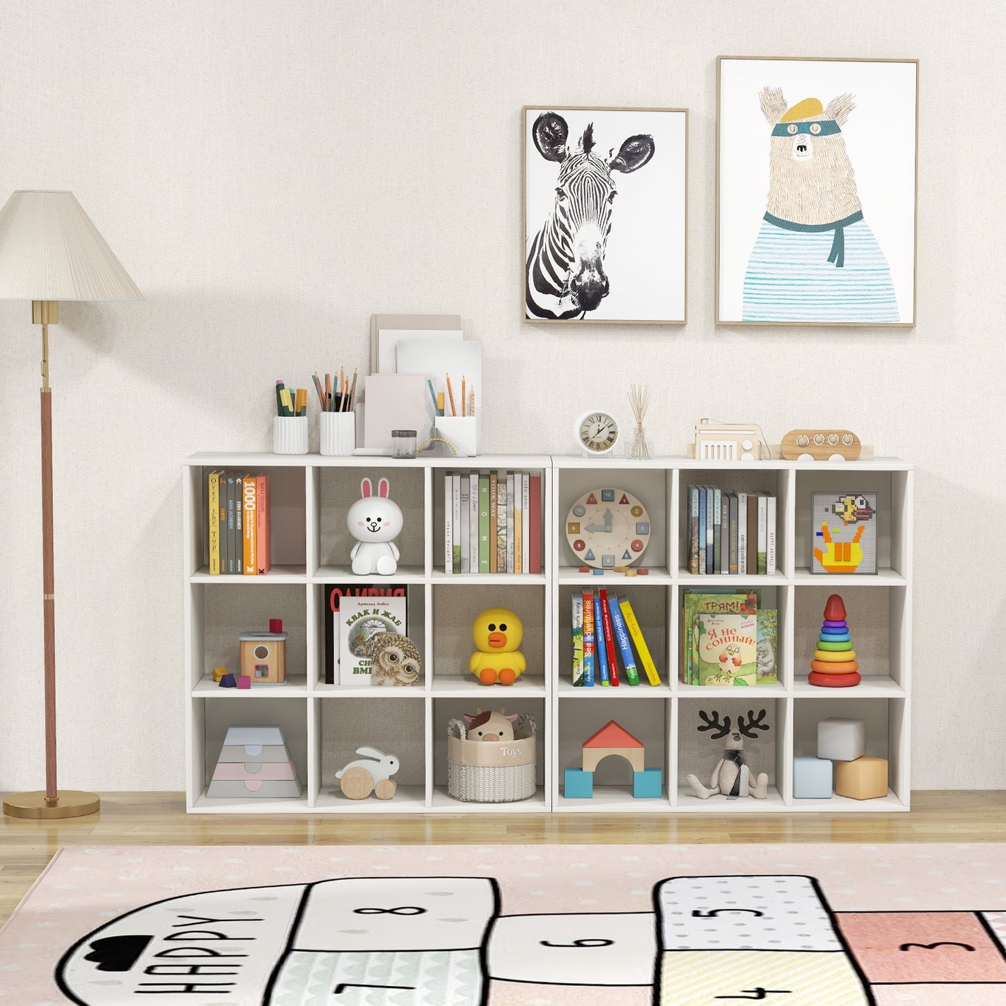 Wooden Kids Bookcase with Storage Cubbies and Anti-toppling Devices-White Kids Crystal