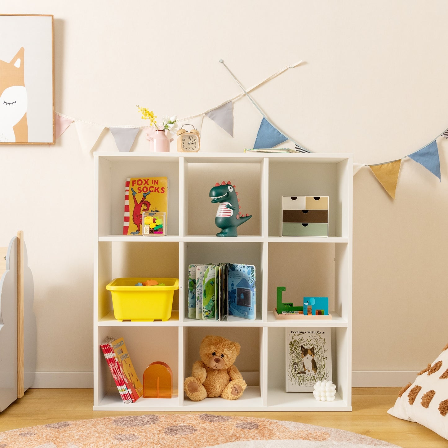 Wooden Kids Bookcase with Storage Cubbies and Anti-toppling Devices-White Kids Crystal