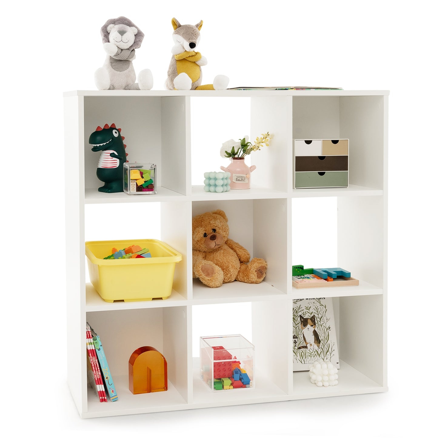 Wooden Kids Bookcase with Storage Cubbies and Anti-toppling Devices-White Kids Crystal