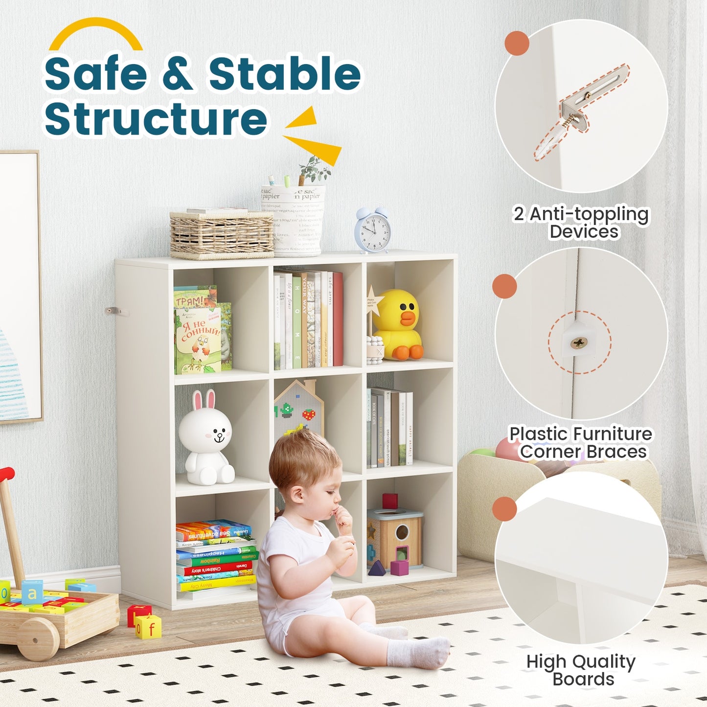 Wooden Kids Bookcase with Storage Cubbies and Anti-toppling Devices-White Kids Crystal