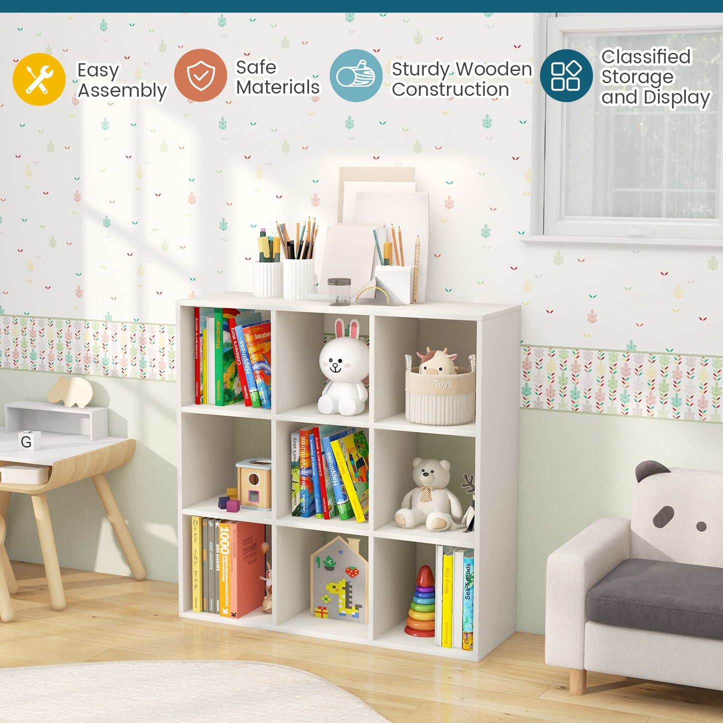 Wooden Kids Bookcase with Storage Cubbies and Anti-toppling Devices-White Kids Crystal