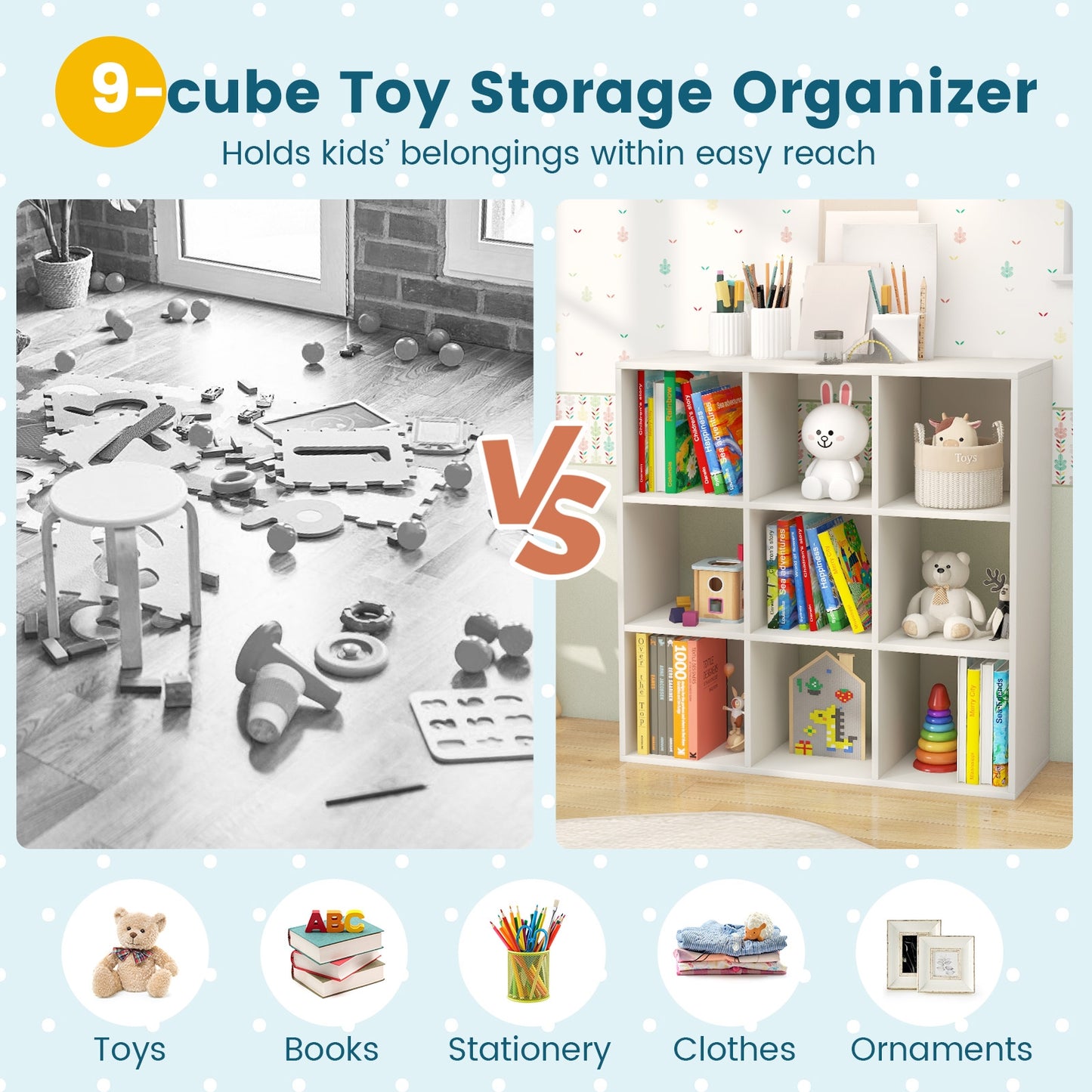 Wooden Kids Bookcase with Storage Cubbies and Anti-toppling Devices-White Kids Crystal