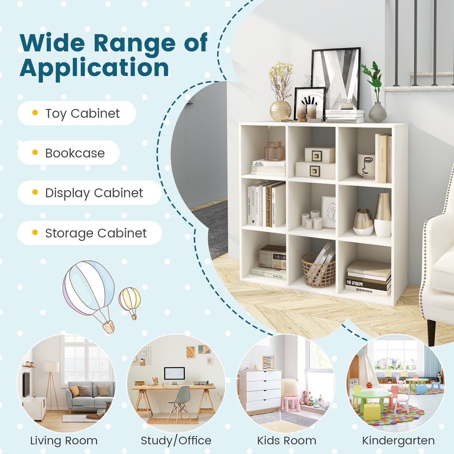 Wooden Kids Bookcase with Storage Cubbies and Anti-toppling Devices-White Kids Crystal