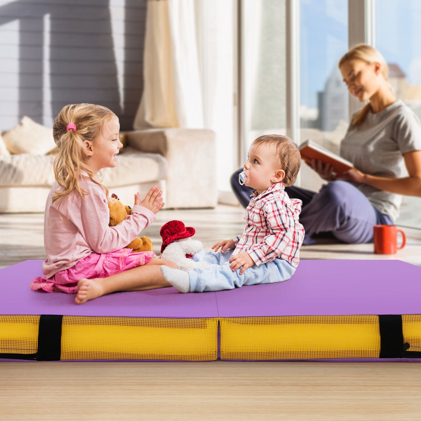 4ft x 4ft x 4in Bi-Folding Gymnastic Tumbling Mat with Handles and Cover-Purple Kids Crystal