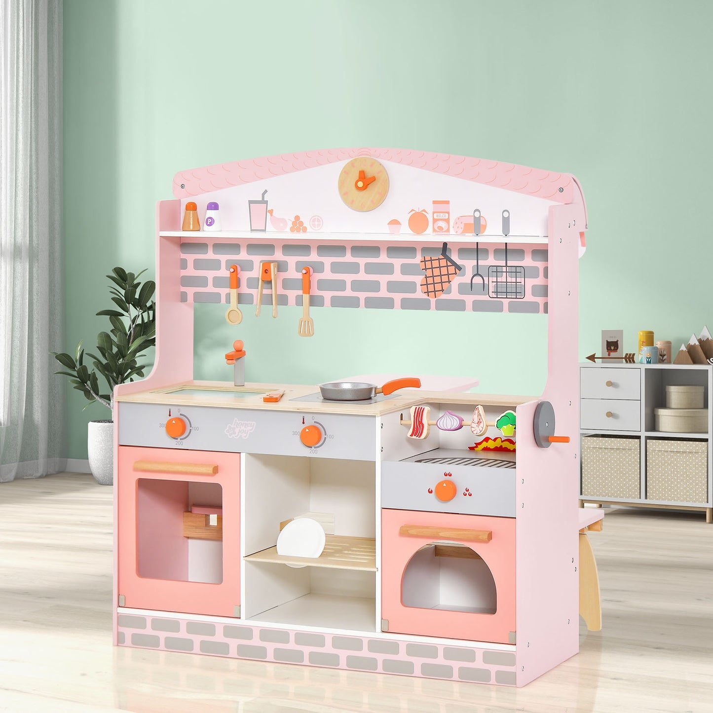 Double-Sided Kids Play Kitchen Set with Canopy and 2 Seats Kids Crystal