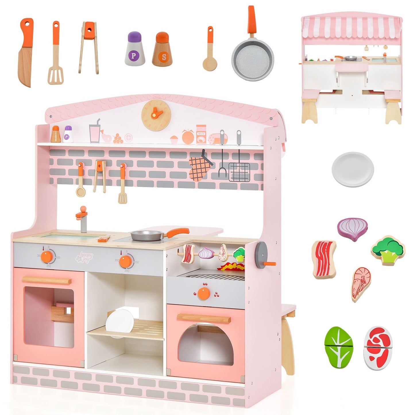 Double-Sided Kids Play Kitchen Set with Canopy and 2 Seats Kids Crystal