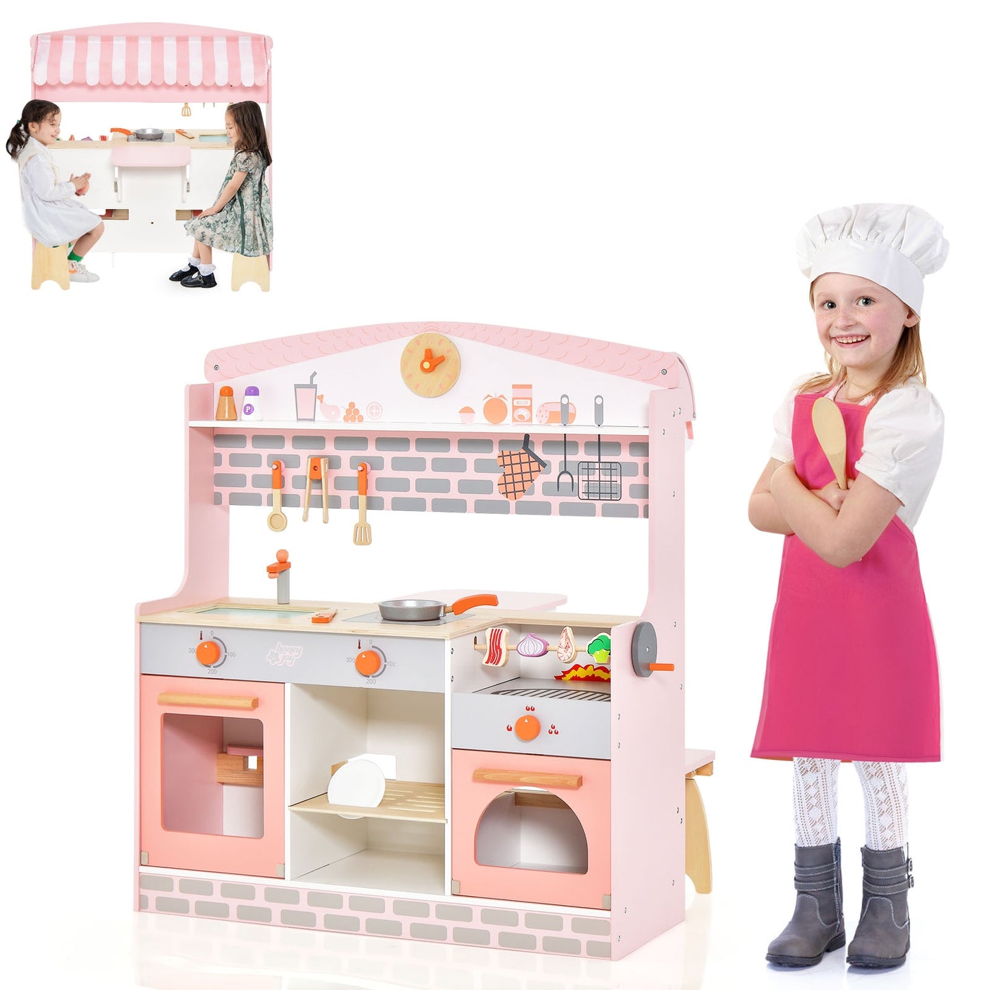 Double-Sided Kids Play Kitchen Set with Canopy and 2 Seats Kids Crystal