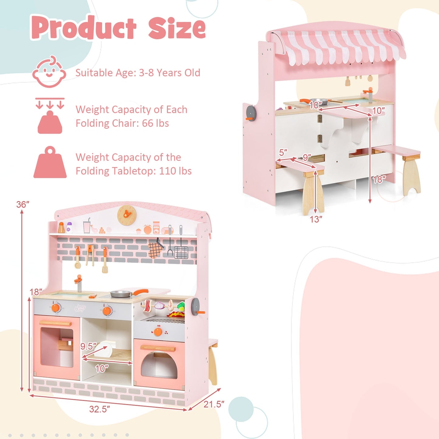 Double-Sided Kids Play Kitchen Set with Canopy and 2 Seats Kids Crystal