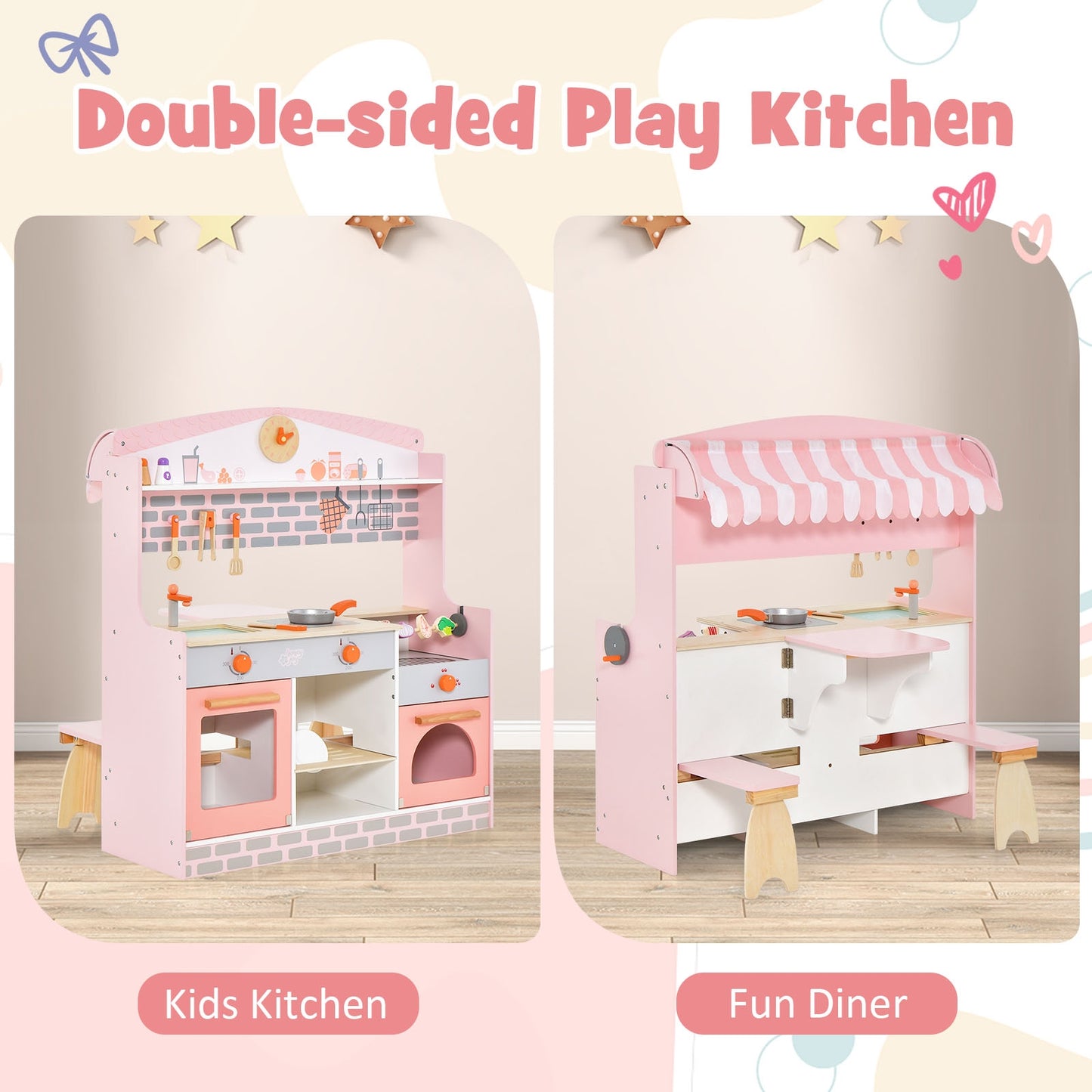 Double-Sided Kids Play Kitchen Set with Canopy and 2 Seats Kids Crystal