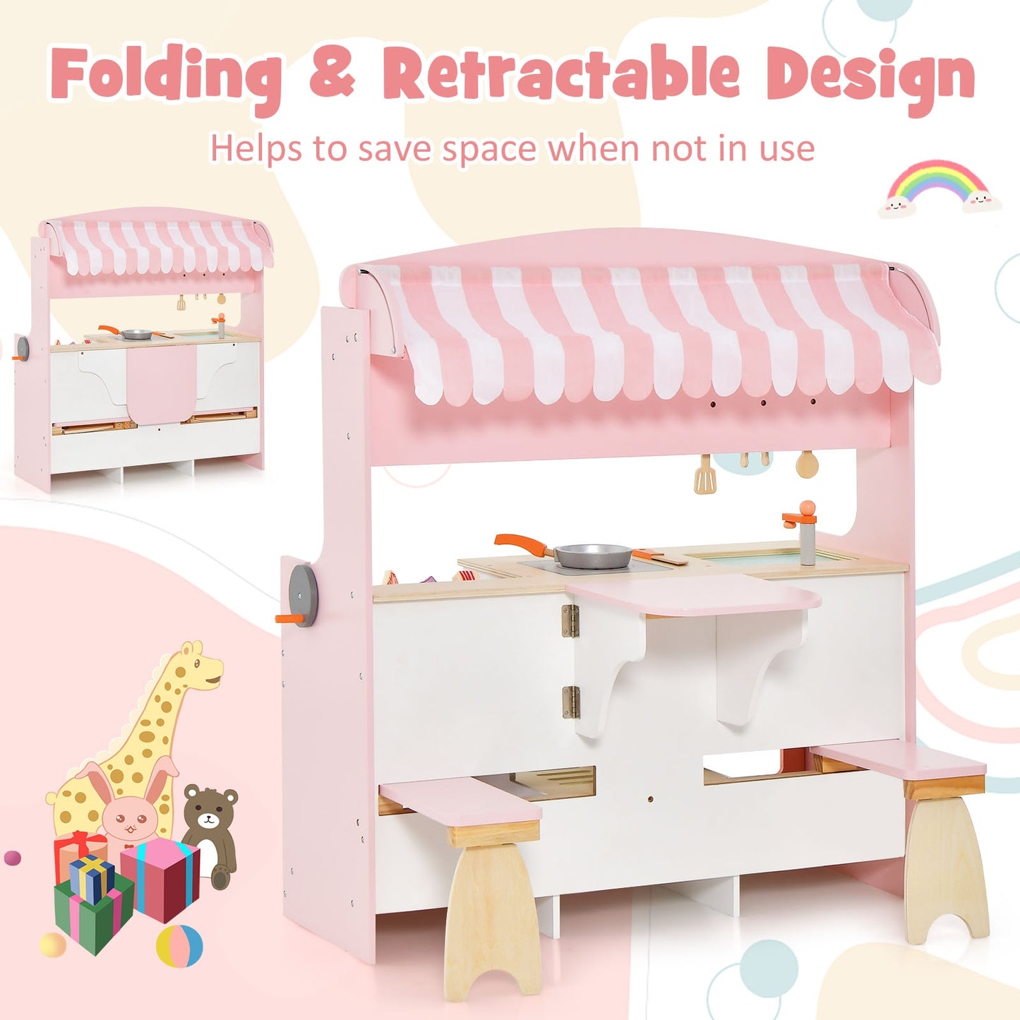 Double-Sided Kids Play Kitchen Set with Canopy and 2 Seats Kids Crystal