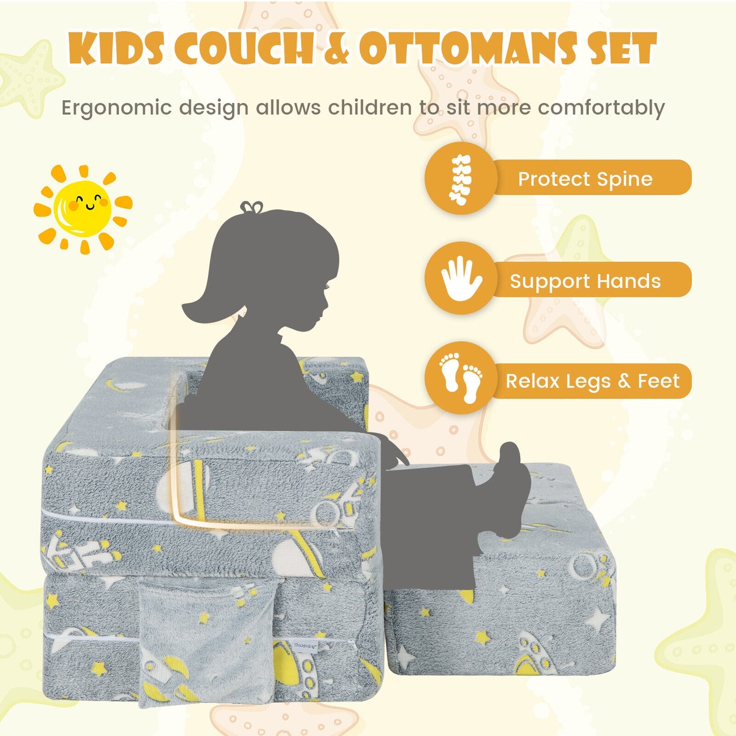 Kids Play Sofa with Ottoman and Removable & Machine Washable Cover-Gray Kids Crystal