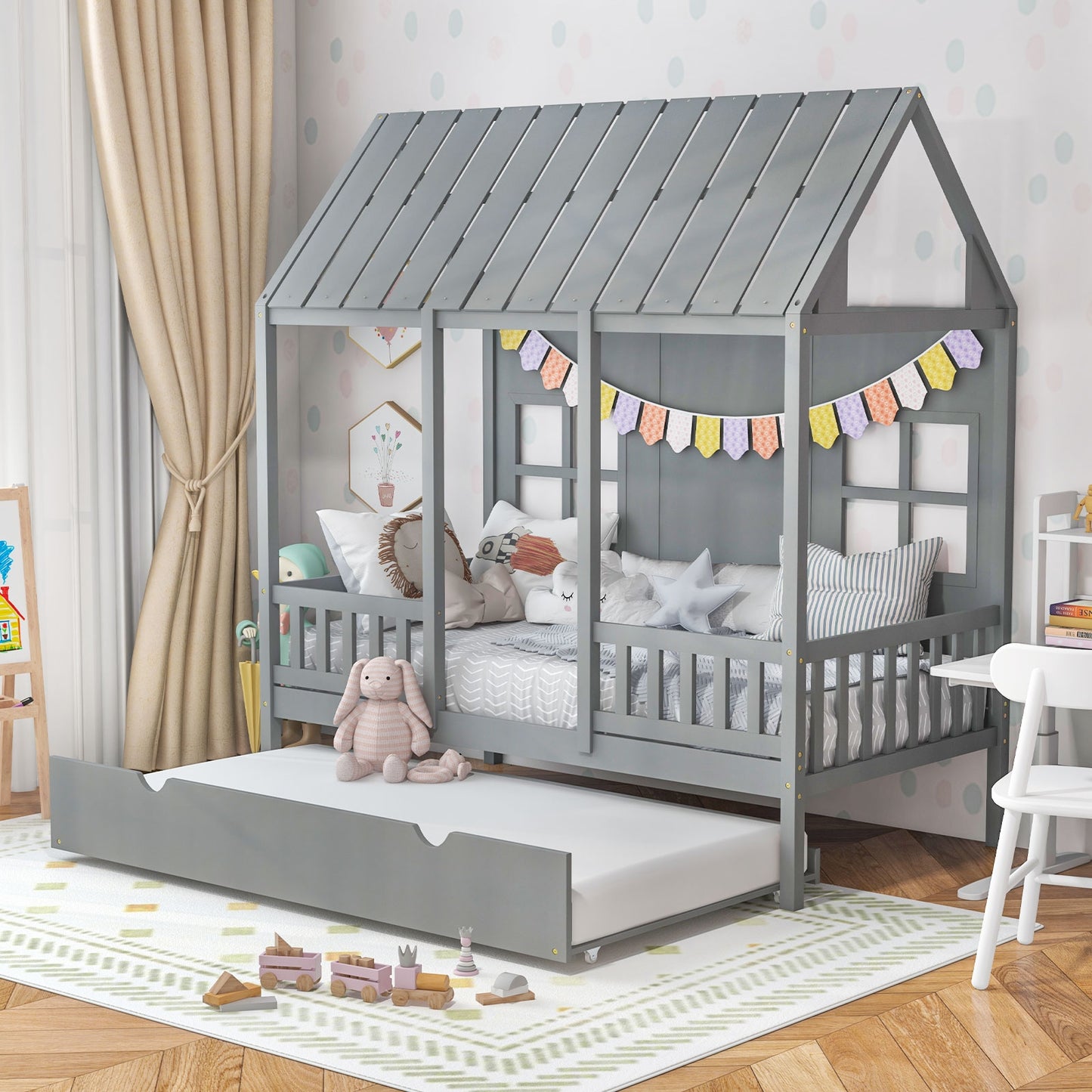 Twin Size Bed Frame House Bed with Trundle and 82 Inch Tall Roof-Gray Kids Crystal