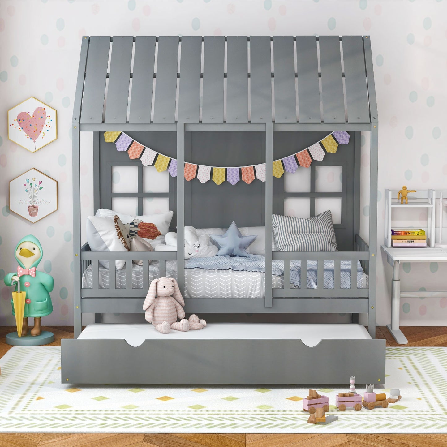 Twin Size Bed Frame House Bed with Trundle and 82 Inch Tall Roof-Gray Kids Crystal