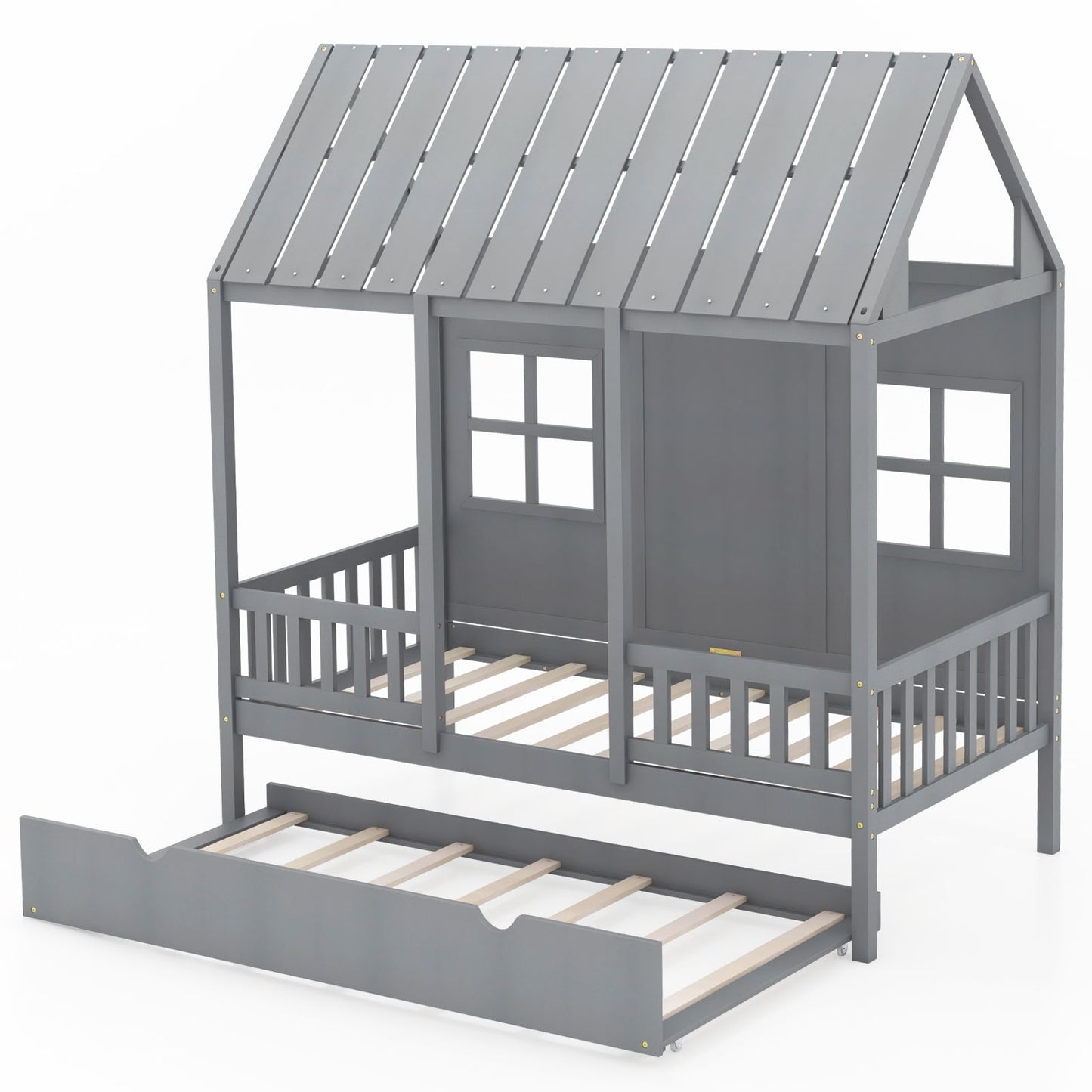 Twin Size Bed Frame House Bed with Trundle and 82 Inch Tall Roof-Gray Kids Crystal