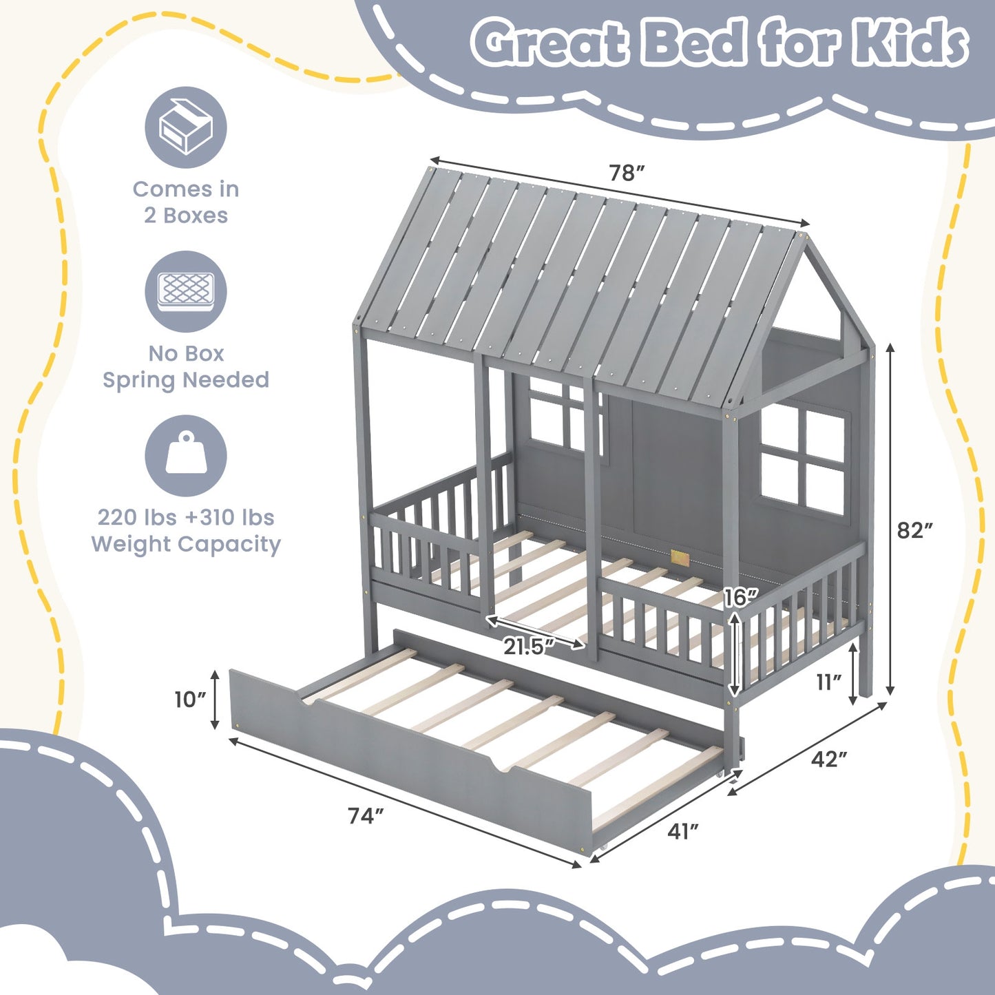 Twin Size Bed Frame House Bed with Trundle and 82 Inch Tall Roof-Gray Kids Crystal