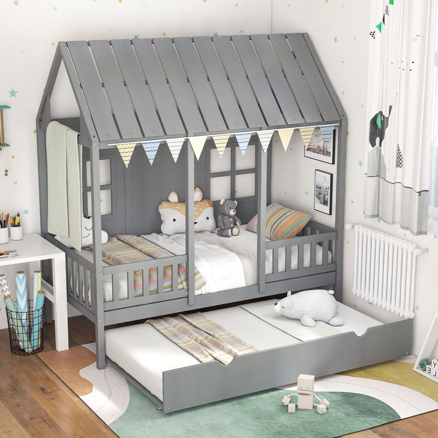 Twin Size Bed Frame House Bed with Trundle and 82 Inch Tall Roof-Gray Kids Crystal