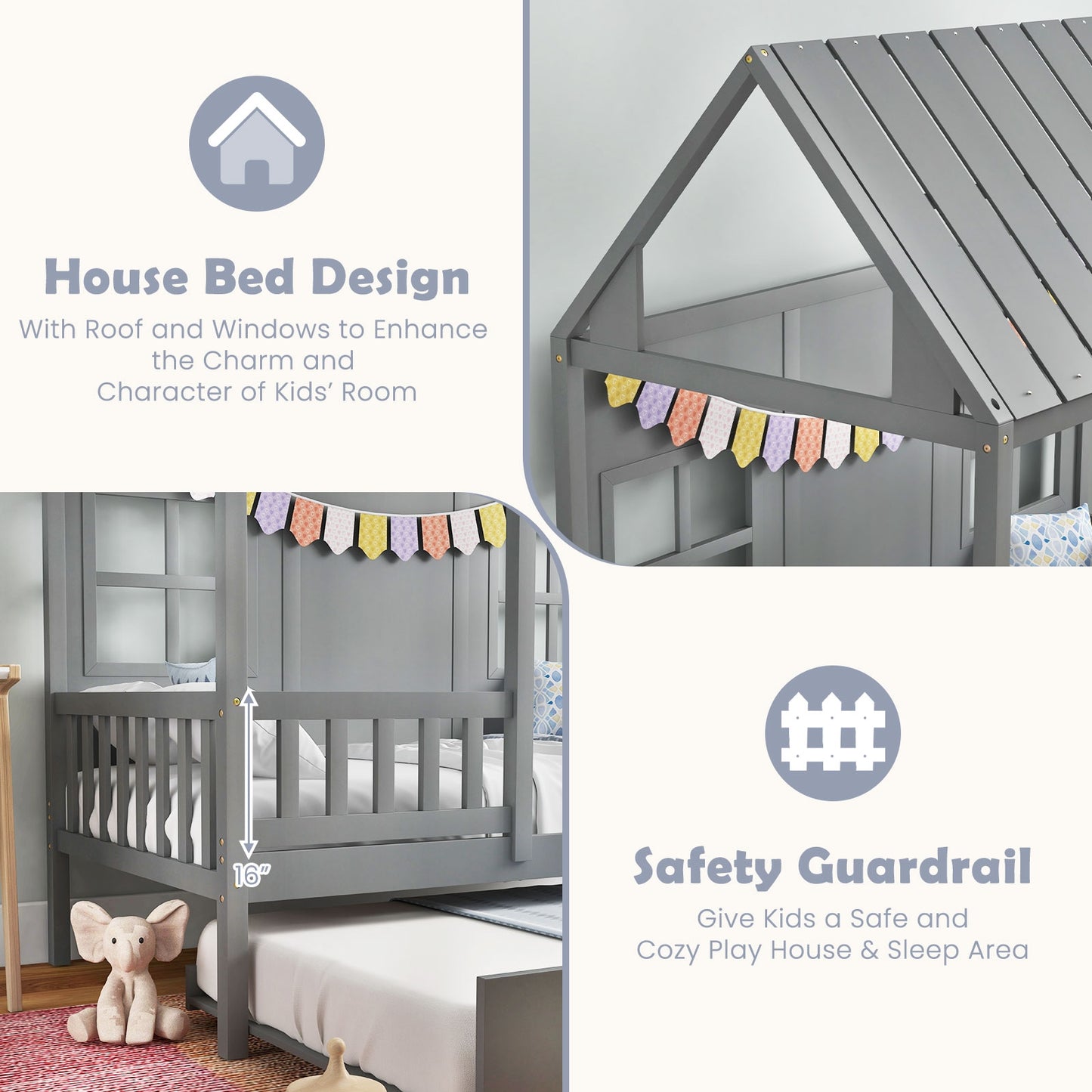 Twin Size Bed Frame House Bed with Trundle and 82 Inch Tall Roof-Gray Kids Crystal
