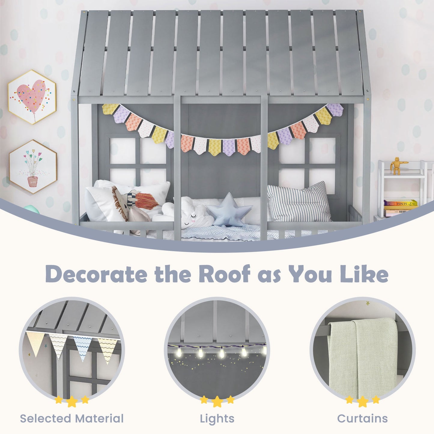 Twin Size Bed Frame House Bed with Trundle and 82 Inch Tall Roof-Gray Kids Crystal