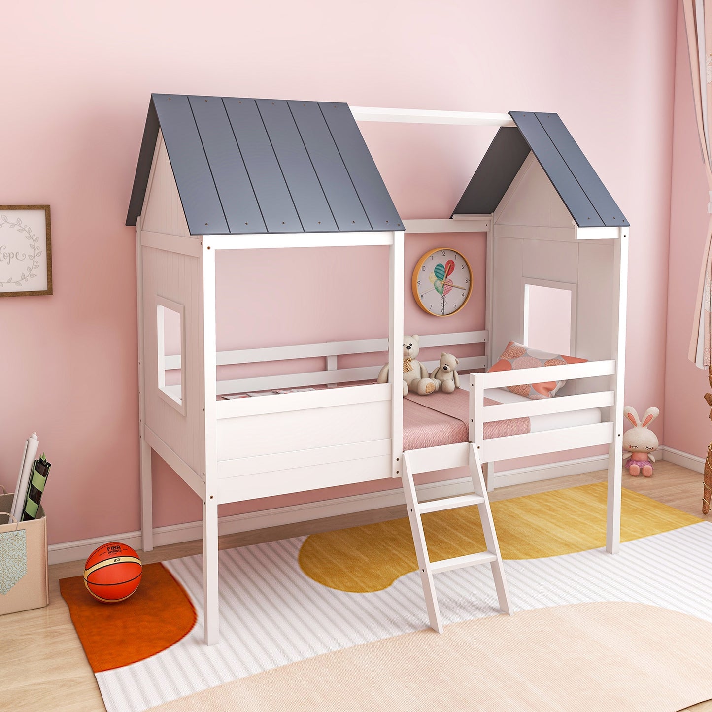 Twin Size Kids House Bed Low Loft Bed Frame with Roof-White Kids Crystal