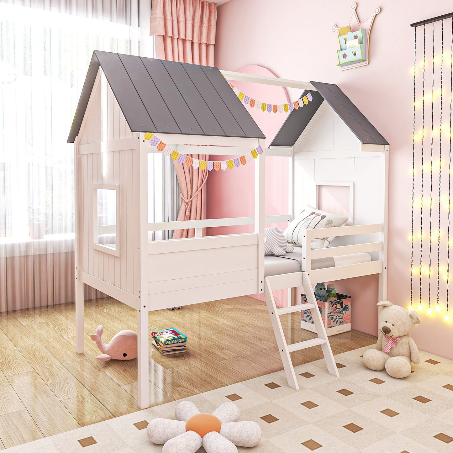 Twin Size Kids House Bed Low Loft Bed Frame with Roof-White Kids Crystal