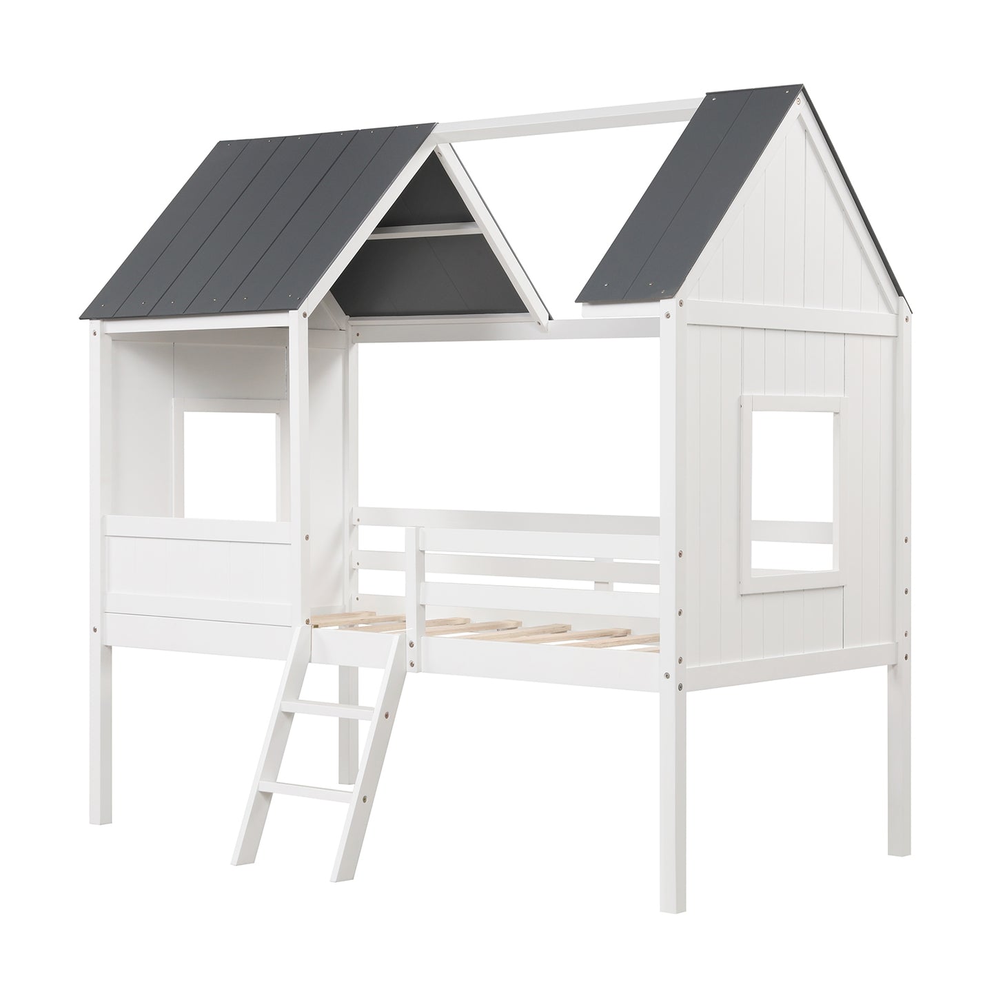 Twin Size Kids House Bed Low Loft Bed Frame with Roof-White Kids Crystal