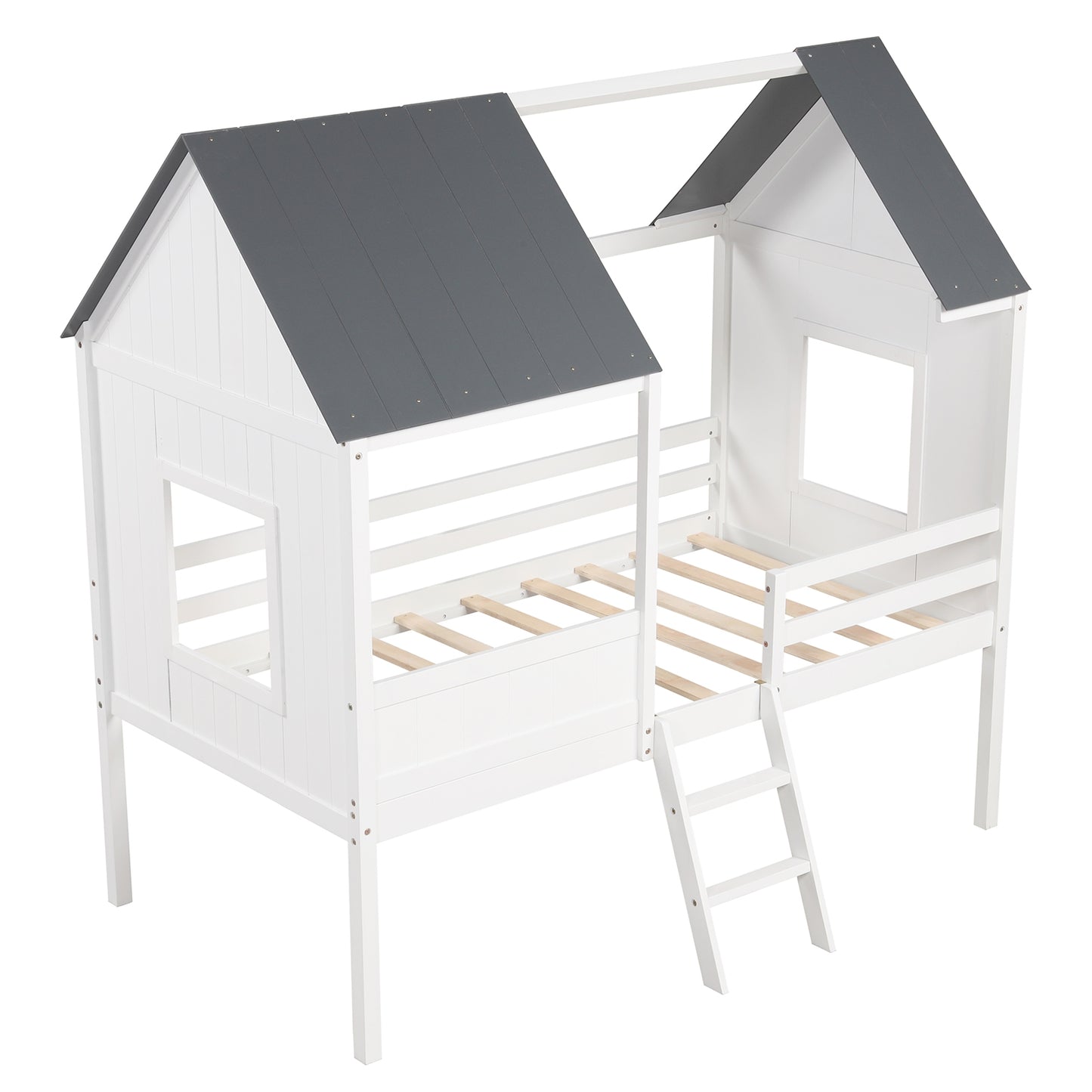 Twin Size Kids House Bed Low Loft Bed Frame with Roof-White Kids Crystal