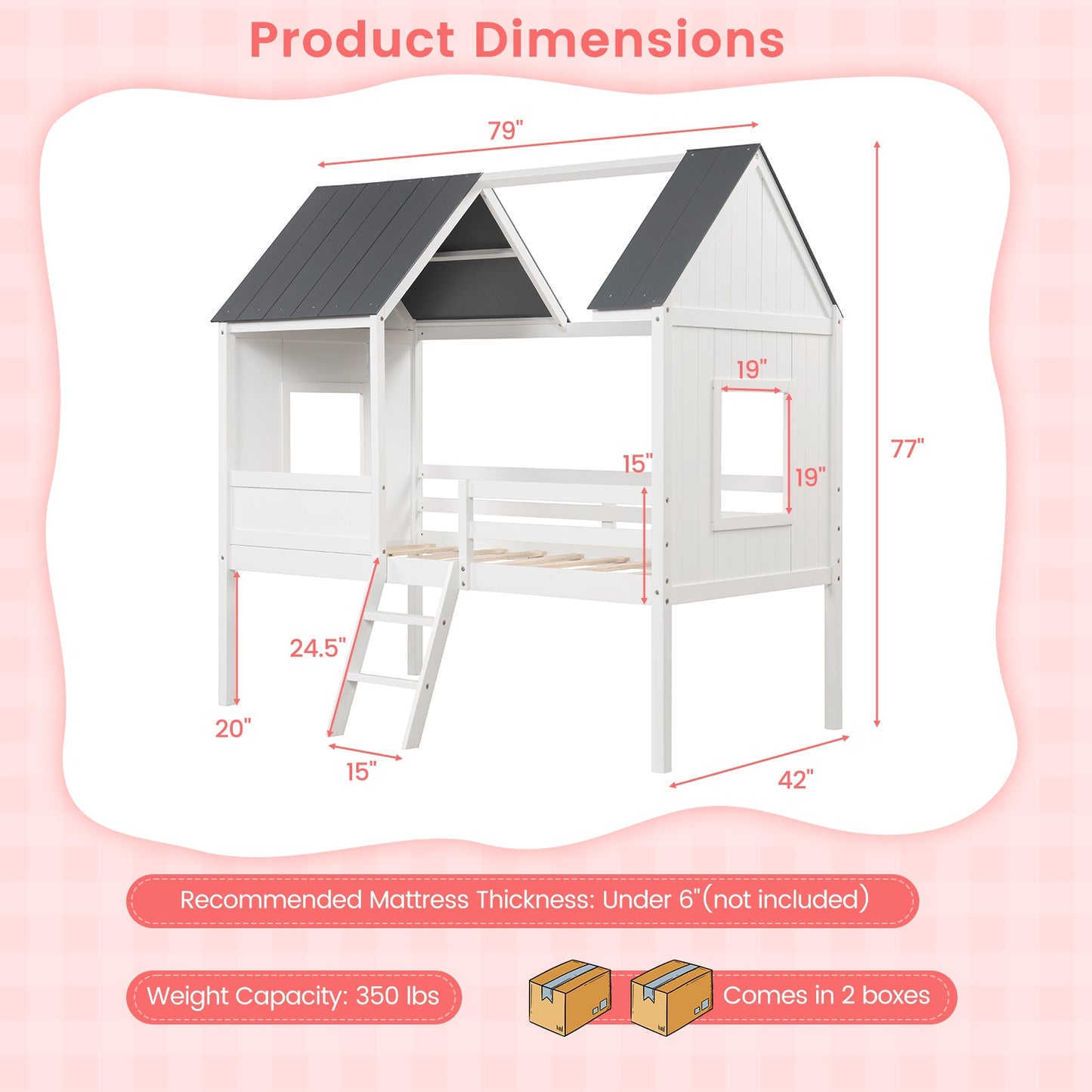 Twin Size Kids House Bed Low Loft Bed Frame with Roof-White Kids Crystal