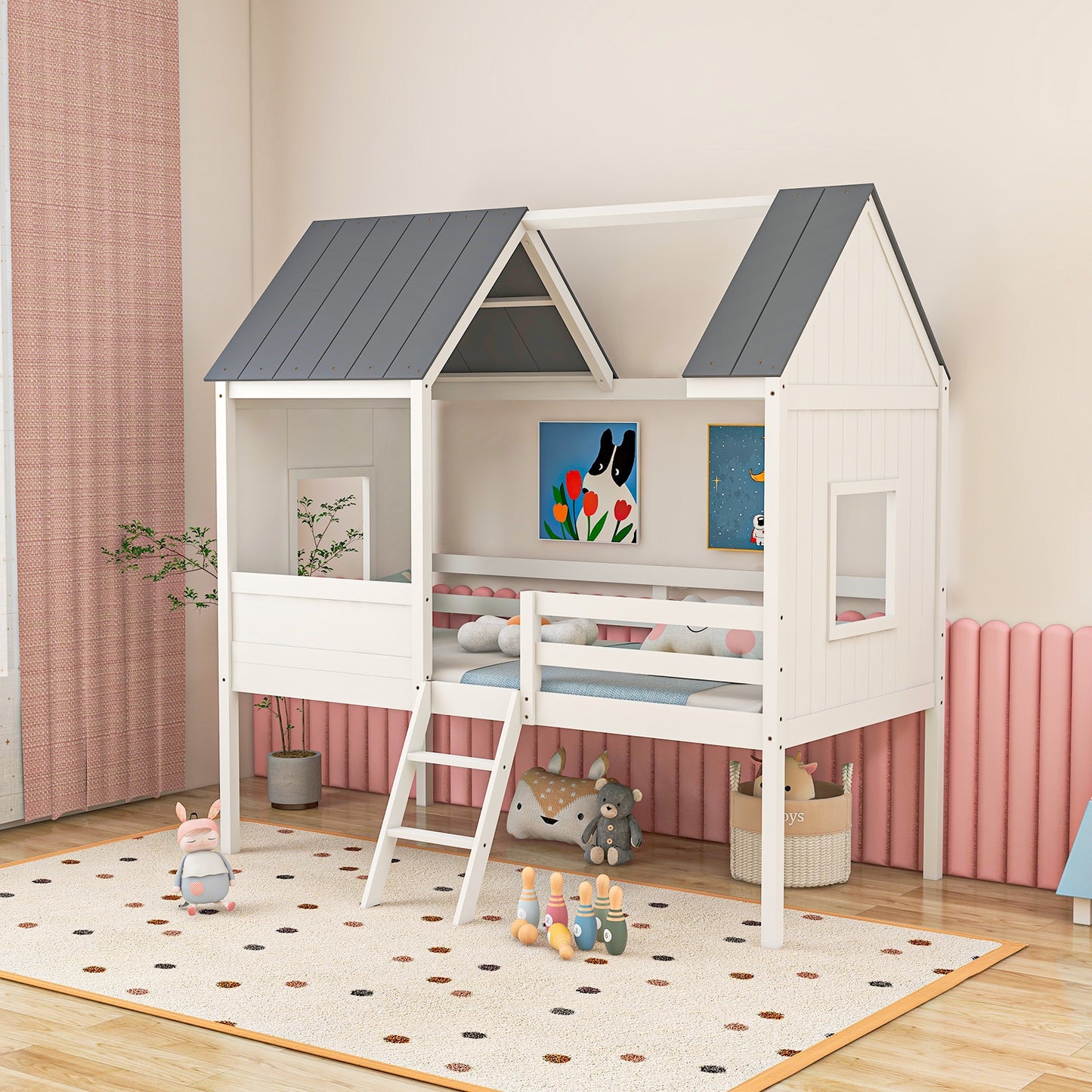 Twin Size Kids House Bed Low Loft Bed Frame with Roof-White Kids Crystal