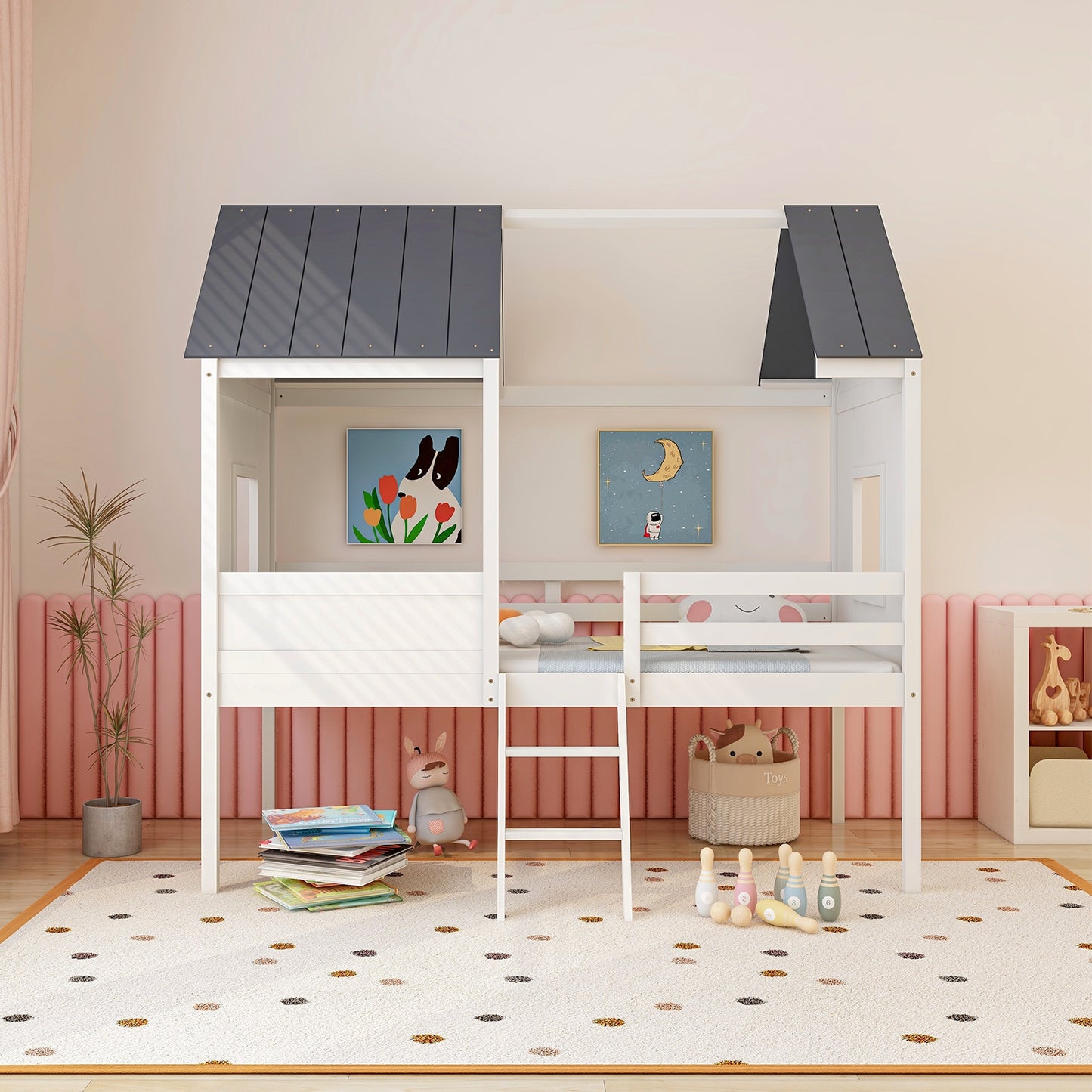 Twin Size Kids House Bed Low Loft Bed Frame with Roof-White Kids Crystal