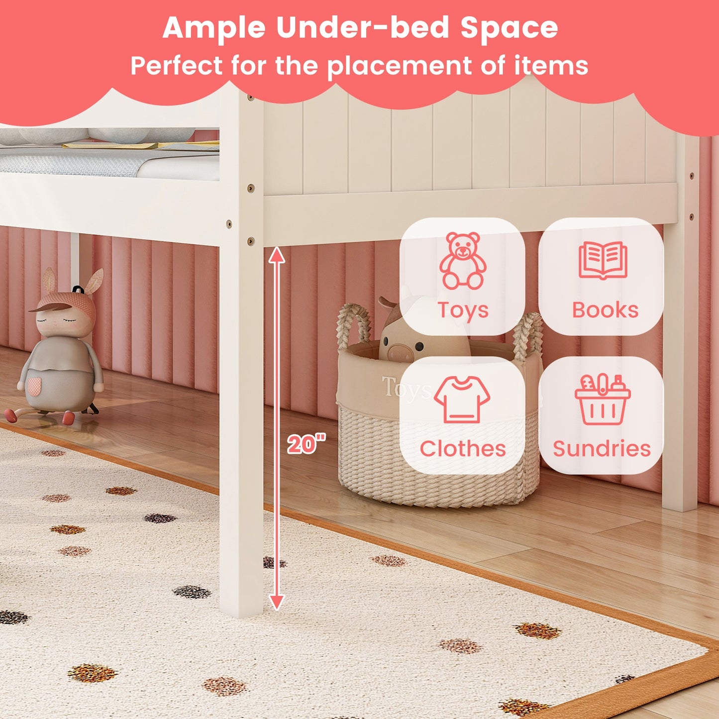 Twin Size Kids House Bed Low Loft Bed Frame with Roof-White Kids Crystal