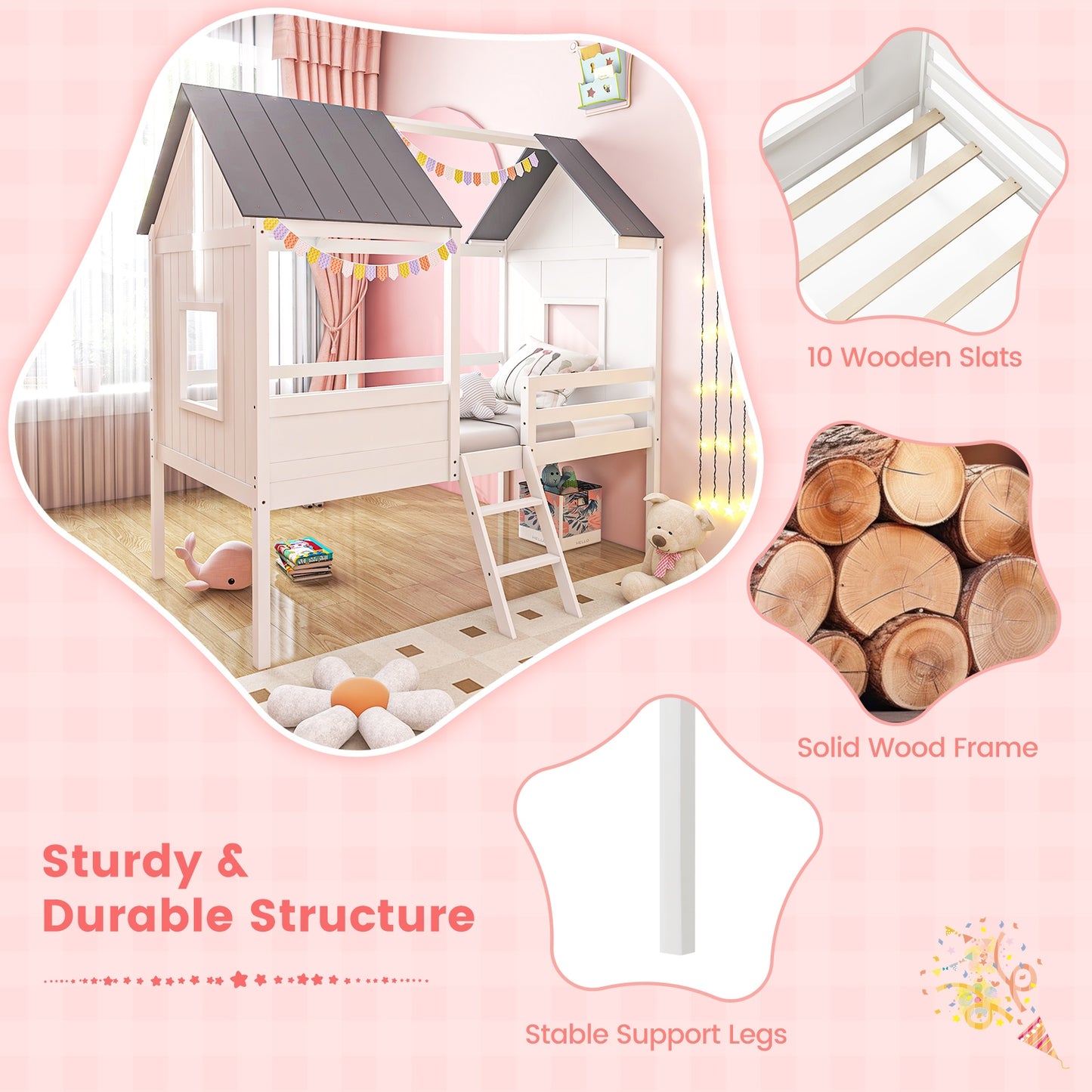 Twin Size Kids House Bed Low Loft Bed Frame with Roof-White Kids Crystal