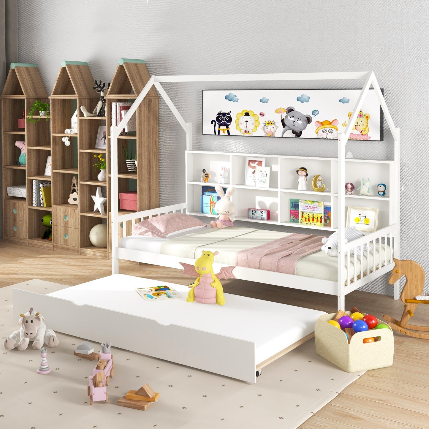 Twin Size Kids Montessori Daybed with Roof and Shelf Compartments-White Kids Crystal