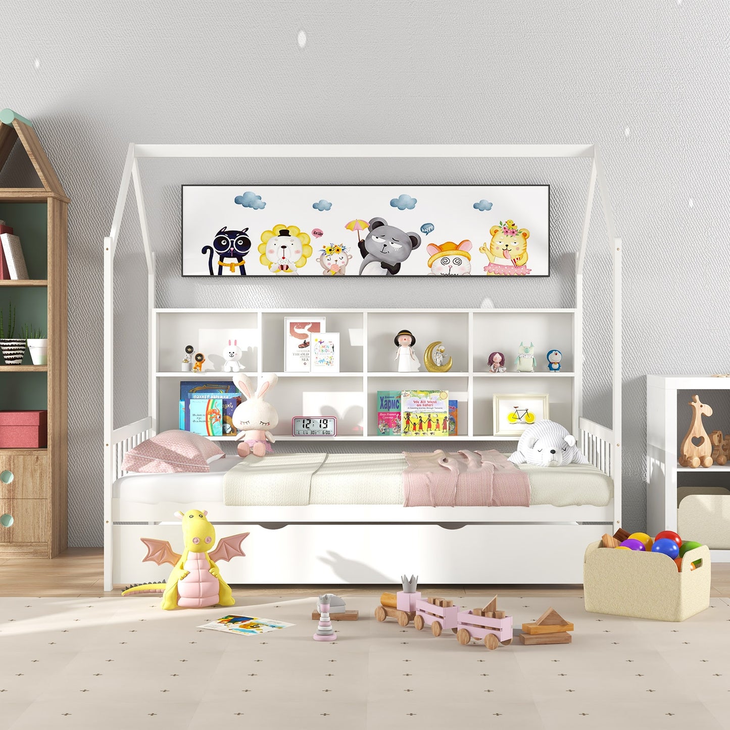 Twin Size Kids Montessori Daybed with Roof and Shelf Compartments-White Kids Crystal