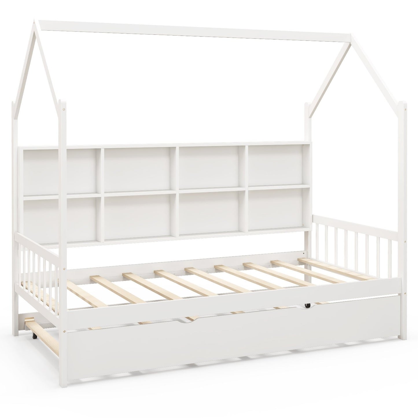 Twin Size Kids Montessori Daybed with Roof and Shelf Compartments-White Kids Crystal