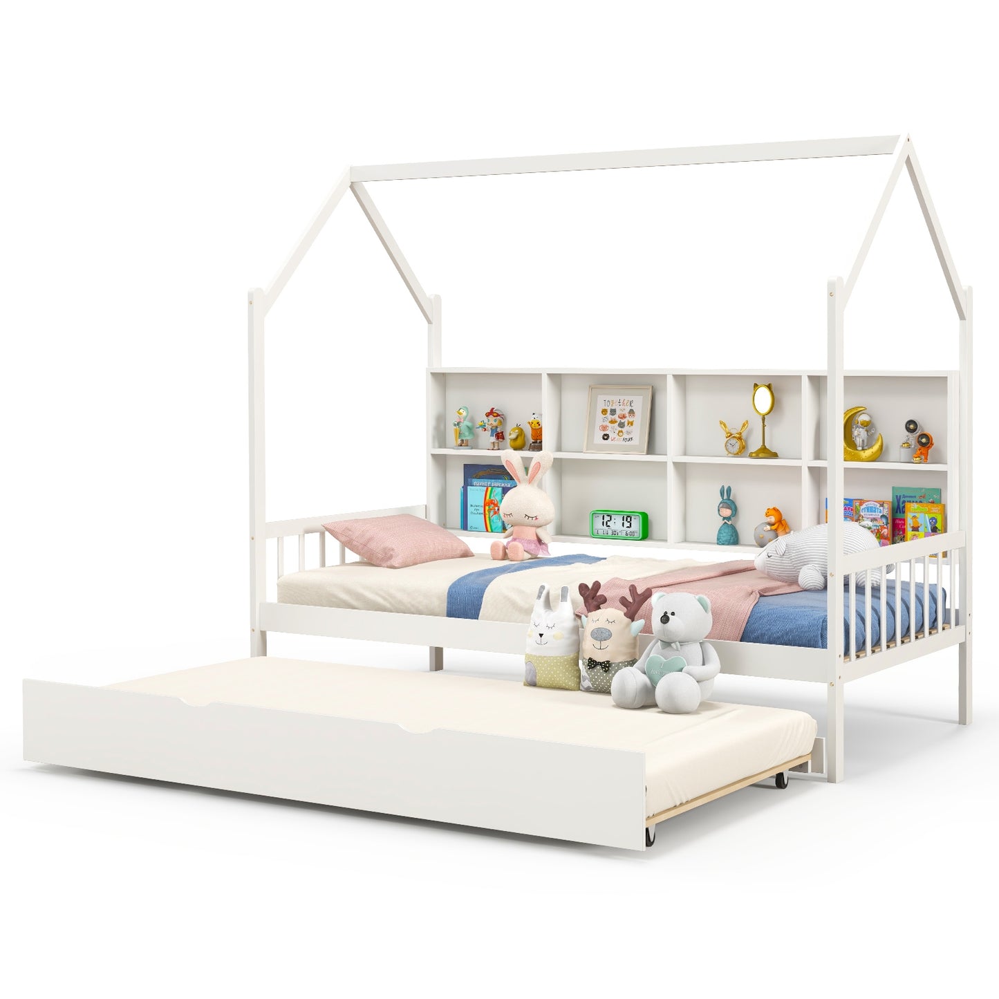 Twin Size Kids Montessori Daybed with Roof and Shelf Compartments-White Kids Crystal