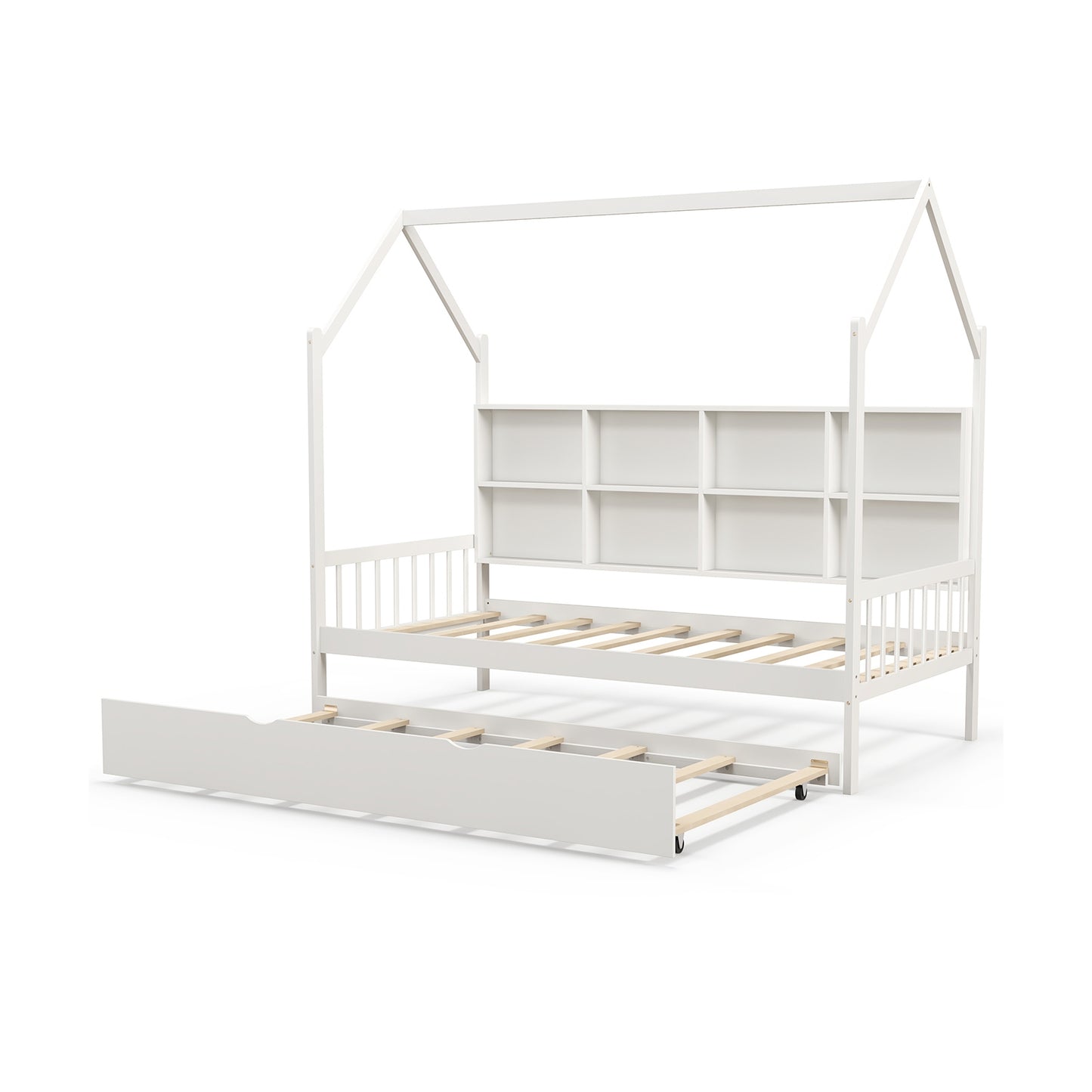 Twin Size Kids Montessori Daybed with Roof and Shelf Compartments-White Kids Crystal