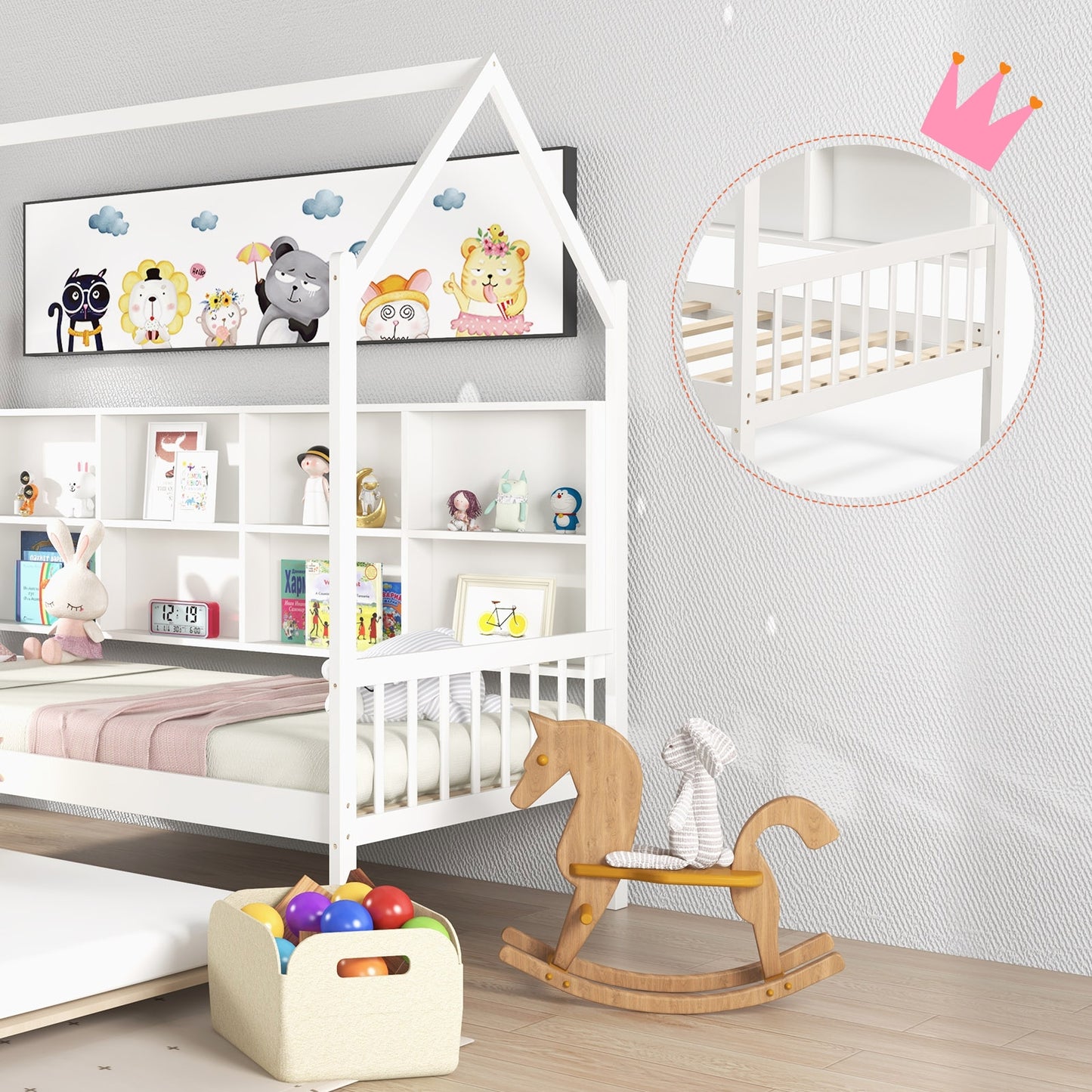 Twin Size Kids Montessori Daybed with Roof and Shelf Compartments-White Kids Crystal