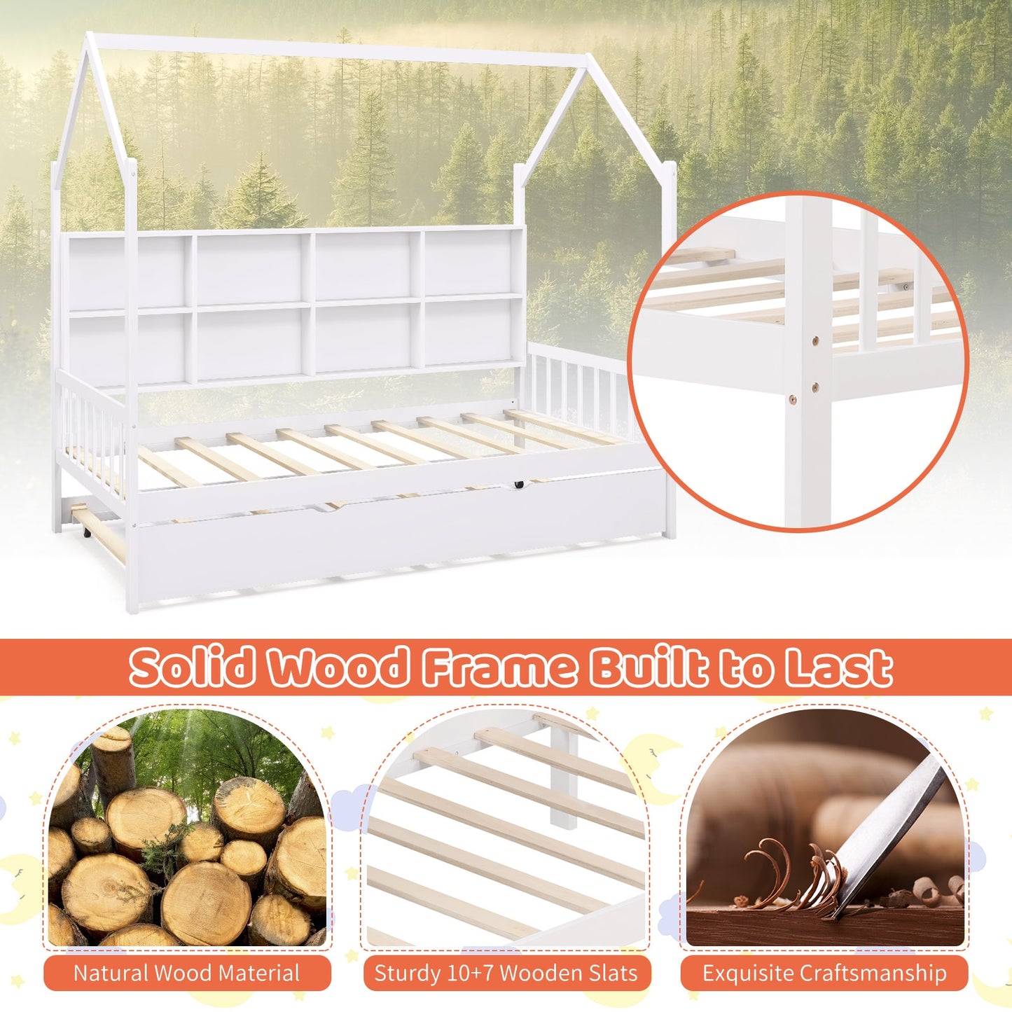 Twin Size Kids Montessori Daybed with Roof and Shelf Compartments-White Kids Crystal