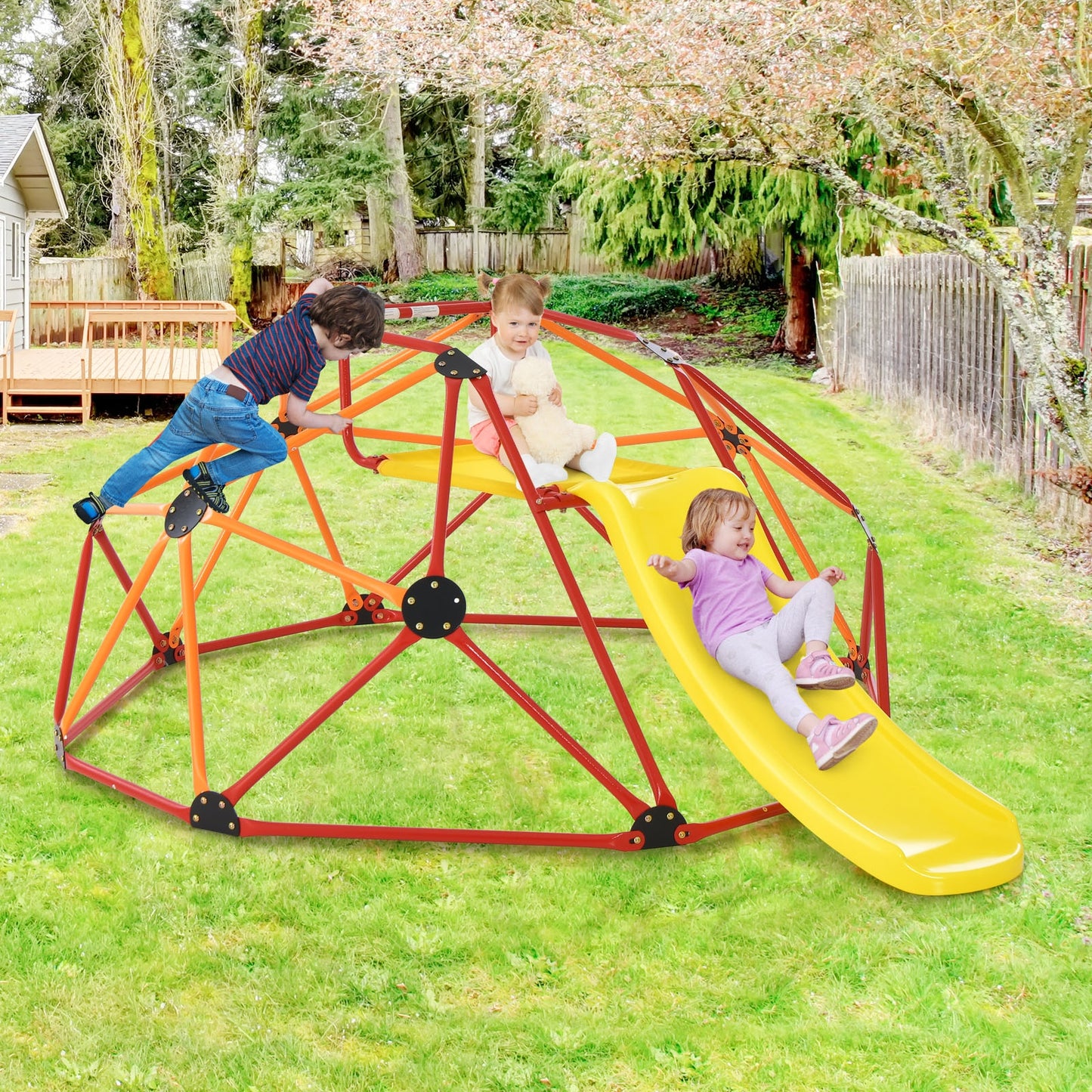 Kids Climbing Dome with Slide and Fabric Cushion for Garden Yard-Orange Kids Crystal