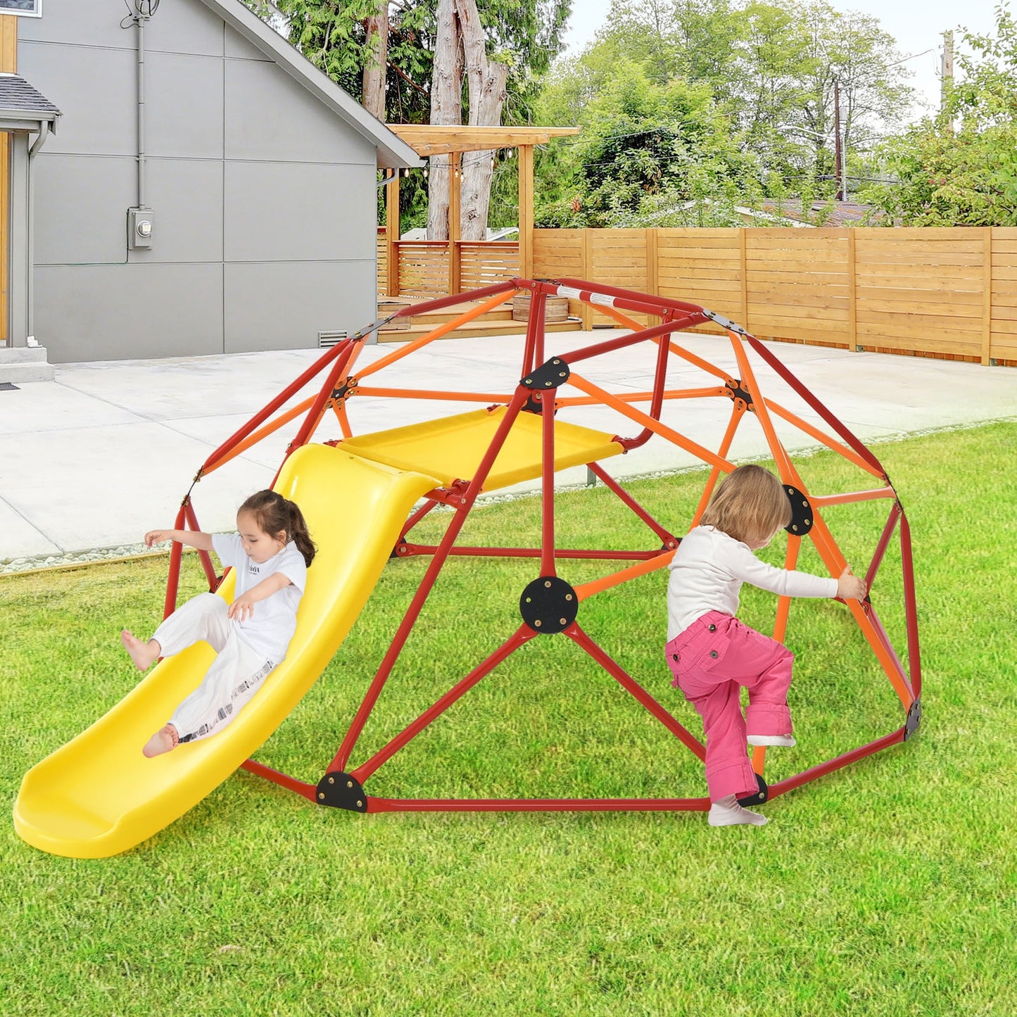 Kids Climbing Dome with Slide and Fabric Cushion for Garden Yard-Orange Kids Crystal